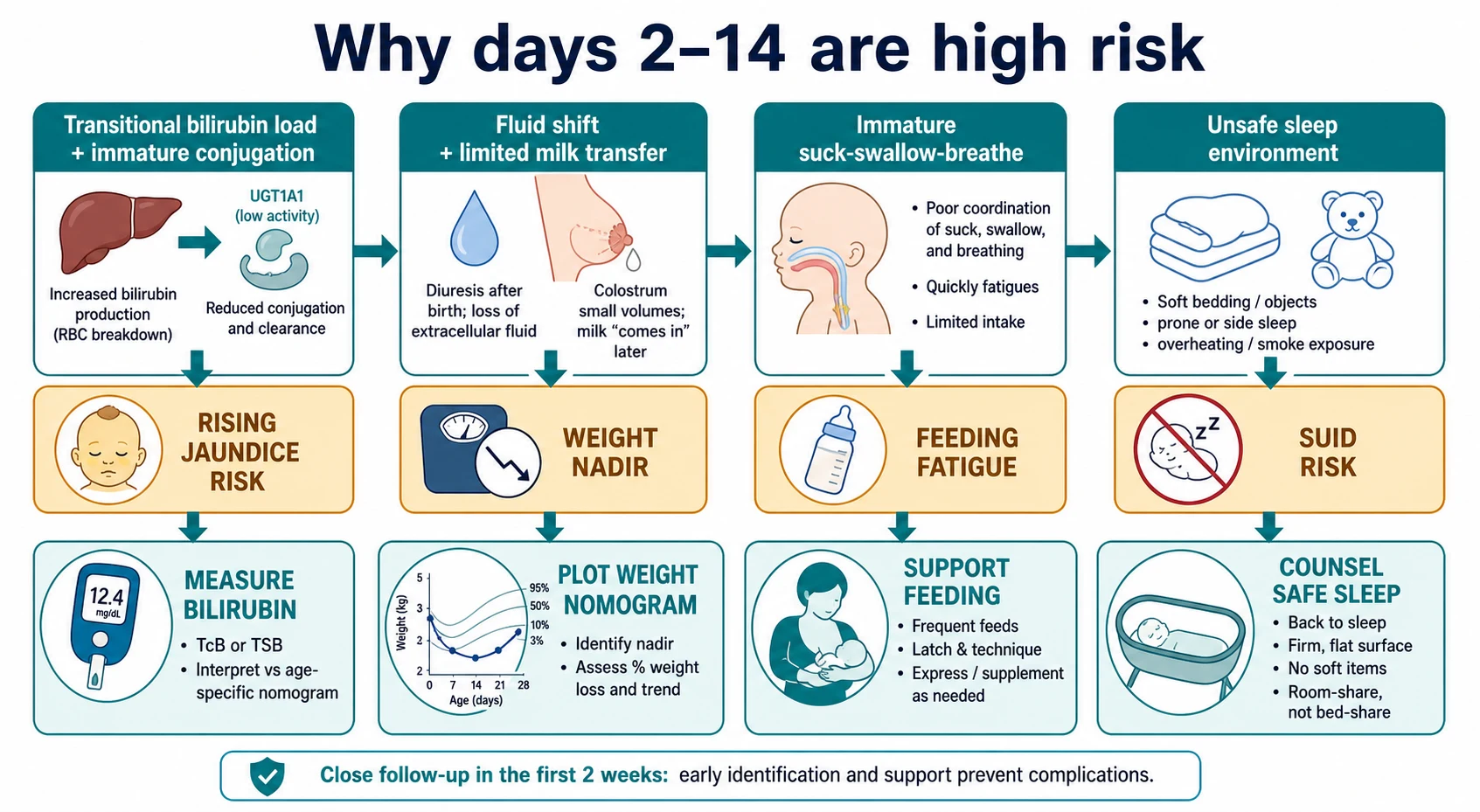 Mechanism map linking transitional bilirubin load, weight nadir, immature feeding coordination and unsafe sleep to early clinical risks