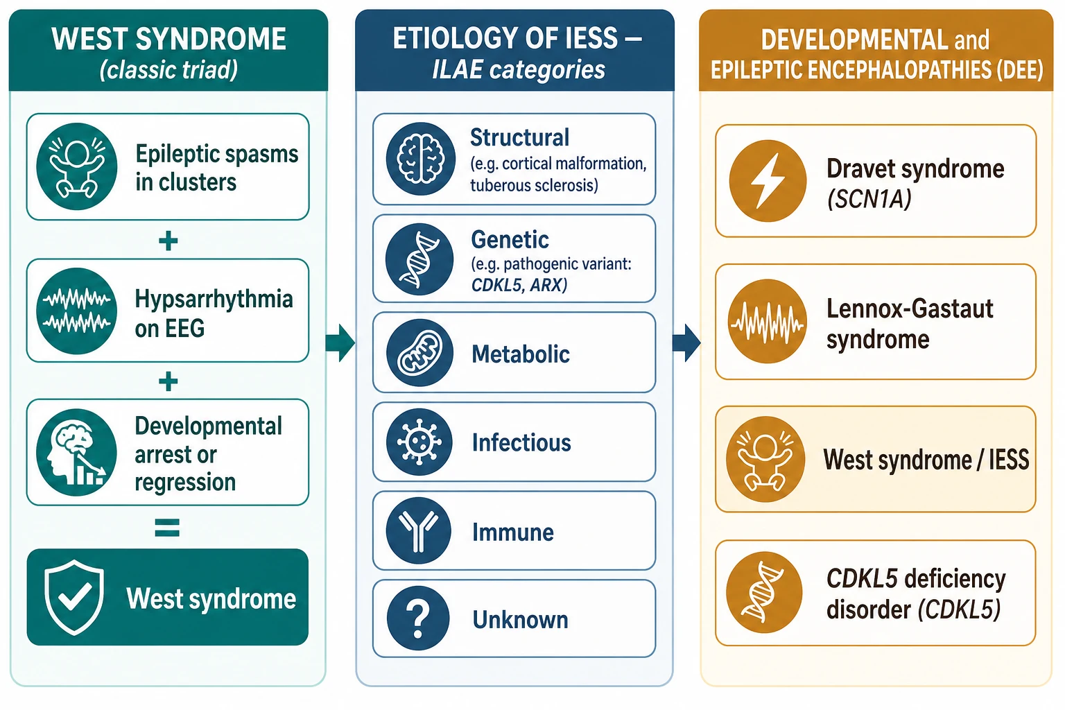 Three-panel schematic: left panel shows the classic West syndrome triad of epileptic spasms plus hypsarrhythmia on EEG plus developmental arrest or regression equalling West syndrome; middle panel lists the six ILAE aetiology categories (structural, genetic, metabolic, infectious, immune, unknown) with tuberous sclerosis and cortical malformation under structural and pathogenic CDKL5 or ARX variants under genetic; right panel places IESS within the developmental and epileptic encephalopathies alongside Dravet syndrome (SCN1A), Lennox-Gastaut syndrome and CDKL5 deficiency disorder