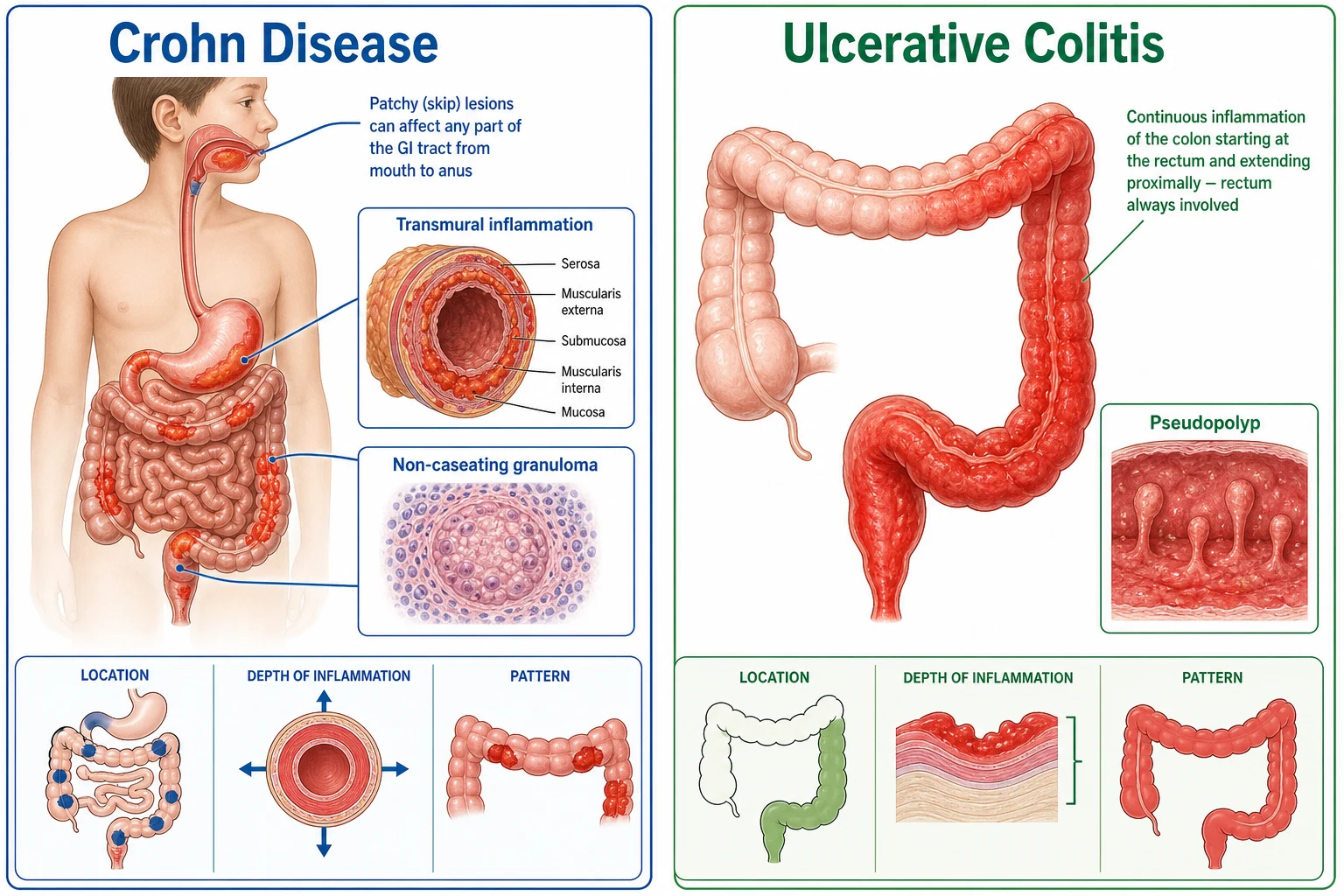 Comparison diagram of Crohn disease versus ulcerative colitis, showing Crohn disease with patchy skip lesions anywhere from mouth to anus and transmural inflammation with non-caseating granulomas, and ulcerative colitis with continuous superficial mucosal inflammation of the colon starting at the rectum with pseudopolyps.
