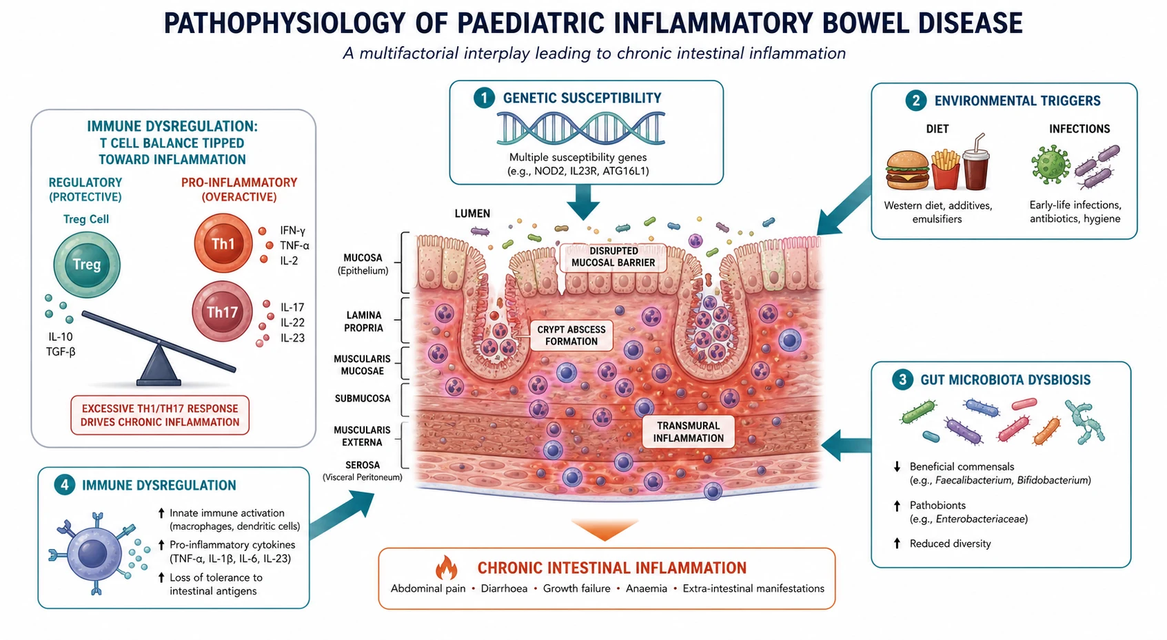 Pathophysiology diagram showing genetic susceptibility, environmental triggers, gut microbiota dysbiosis, and immune dysregulation converging on transmural intestinal inflammation with crypt abscess formation and a disrupted mucosal barrier.