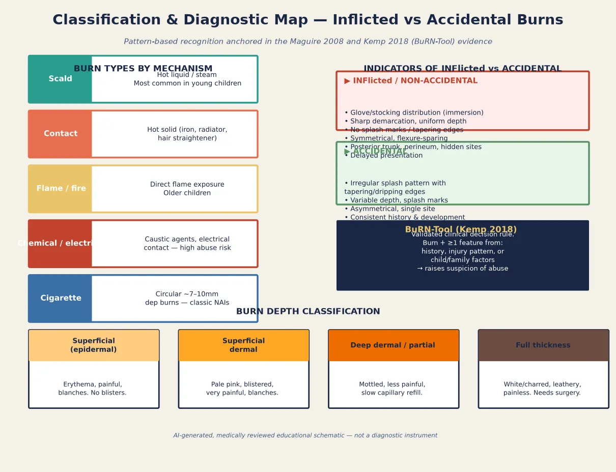 Educational schematic classifying inflicted burns: burn types by mechanism (scald, contact, flame, chemical, cigarette), indicators of inflicted versus accidental injury, the BuRN-Tool decision rule, and burn depth classification