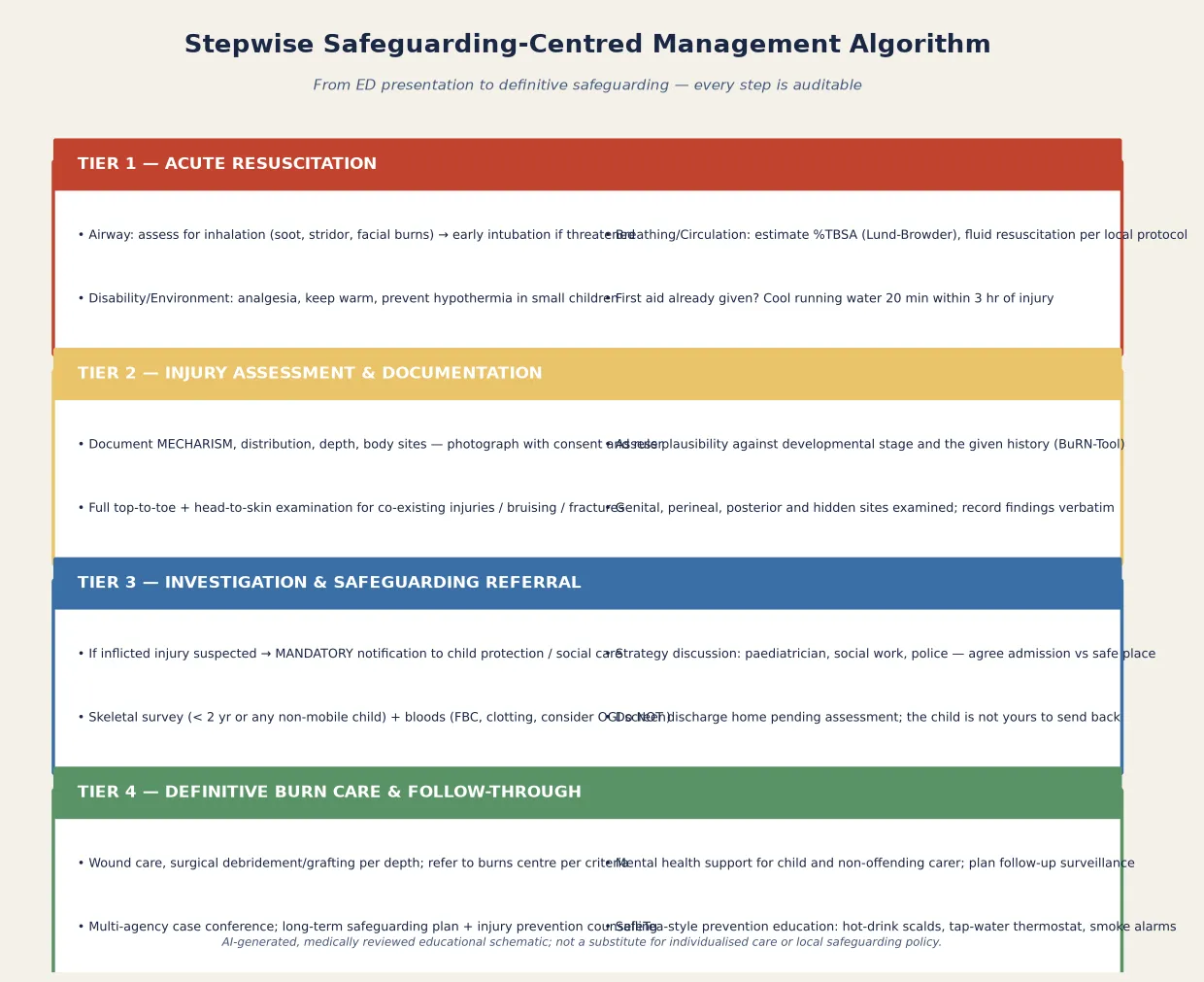 Educational four-tier stepped management algorithm for inflicted burns: Tier 1 acute resuscitation, Tier 2 injury assessment and forensic documentation, Tier 3 investigation and mandatory safeguarding referral, Tier 4 definitive burn care and follow-through