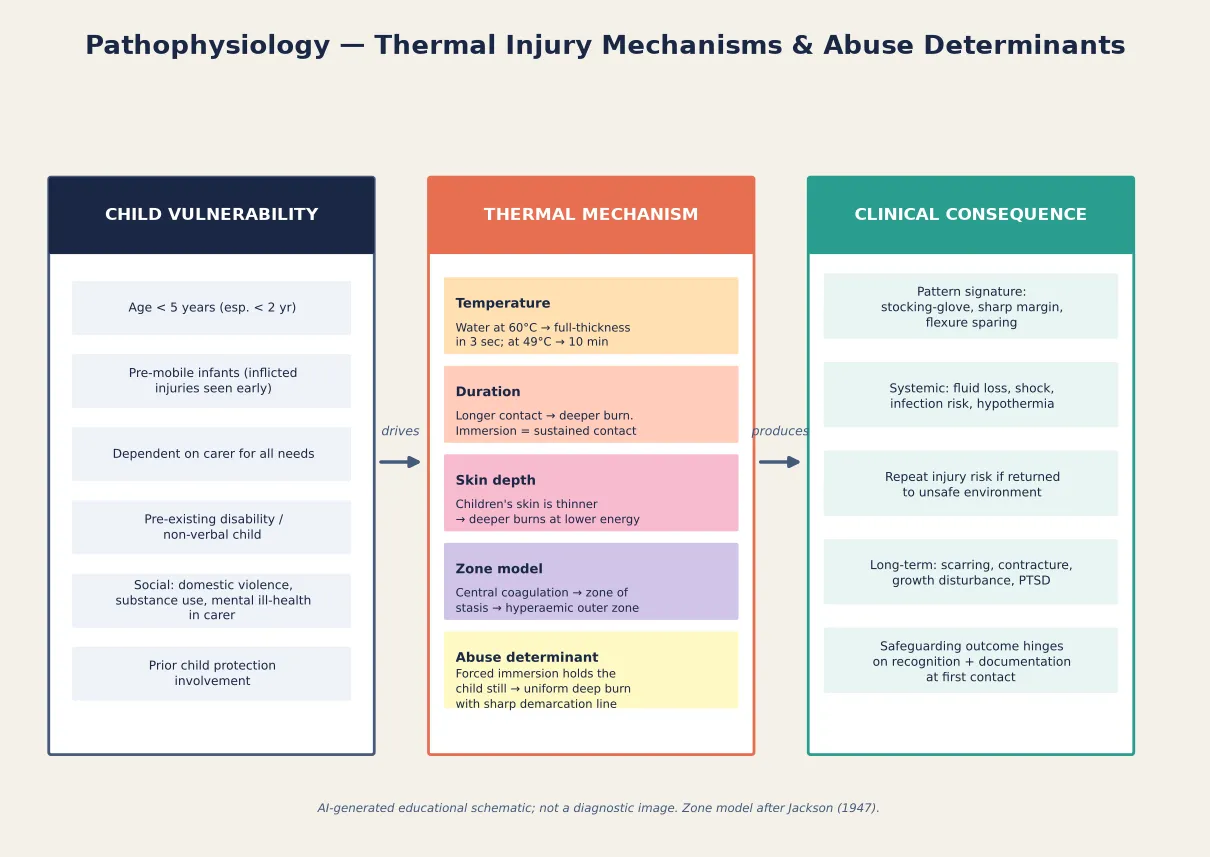 Educational three-column schematic of inflicted burn pathophysiology: child vulnerability factors, thermal mechanism (temperature, duration, skin depth, Jackson zone model, abuse determinant), and clinical consequences including the immersion pattern signature