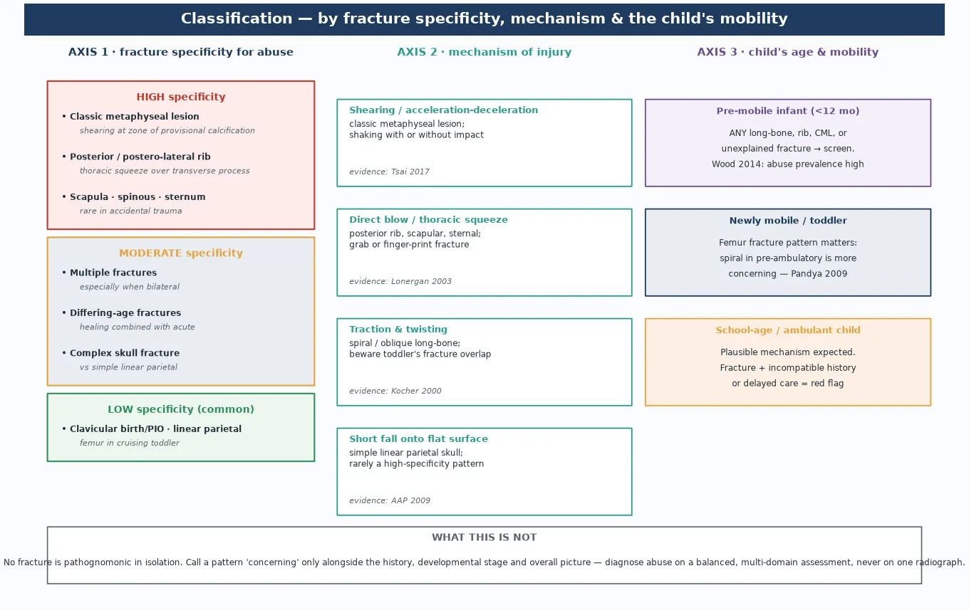 Three-axis classification of inflicted musculoskeletal injury: by fracture specificity for abuse (high — classic metaphyseal lesion, posterior rib, scapula, spinous, sternal; moderate — multiple, bilateral, differing-age, complex skull; low — clavicular, linear skull, toddler femur), by mechanism (shearing, direct blow or squeeze, traction and twisting, short fall), and by the child's age and mobility (pre-mobile infant, newly mobile toddler, school-age ambulant child), with a footer reminding that no fracture is pathognomonic in isolation