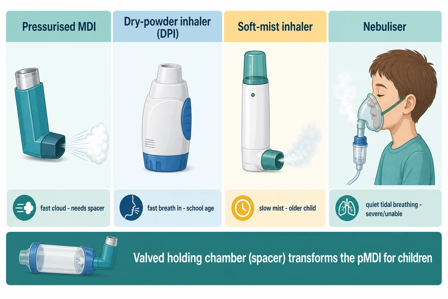 Educational infographic classifying inhaled devices into four columns — pressurised metered-dose inhaler, dry-powder inhaler, soft-mist inhaler and nebuliser — each with a schematic device icon, the action the child must perform, and the coordination and inspiratory-flow requirement