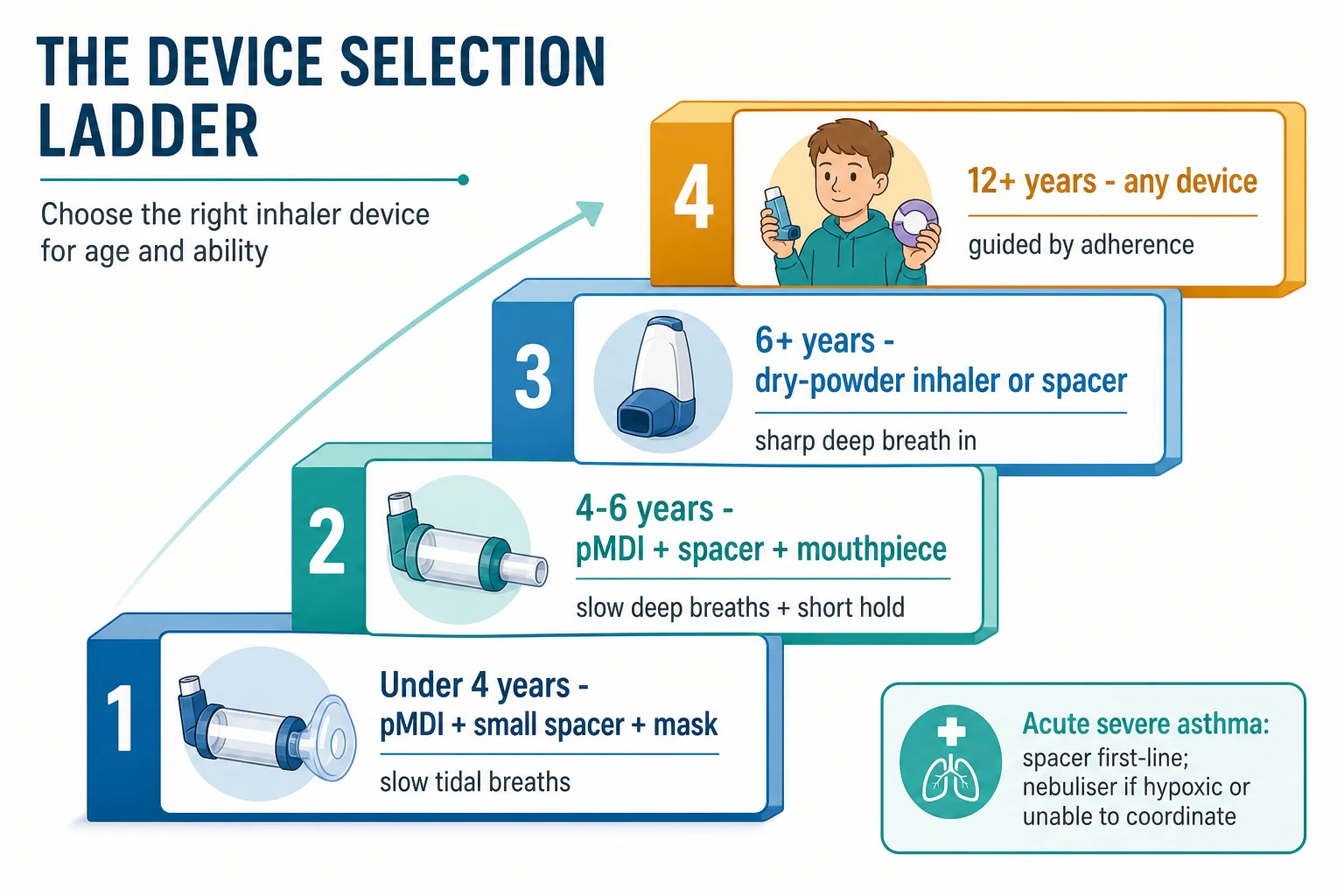 Educational infographic of an age-based device-selection ladder in four rungs — under four years a spacer with mask, four to six years a spacer with mouthpiece, six years and over a dry-powder inhaler or spacer, and twelve years and over any device guided by flow and preference — each rung showing the device, the breath action and the rationale