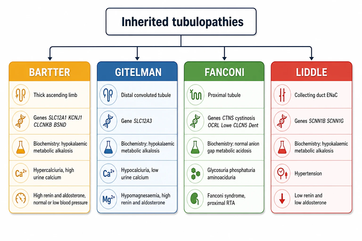 Classification flowchart of paediatric inherited tubulopathies. A central heading inherited tubulopathies branches into four colour-coded panels. The amber Bartter panel lists thick ascending limb, genes SLC12A1 KCNJ1 CLCNKB BSND, hypokalaemic metabolic alkalosis, hypercalciuria, high renin and aldosterone and normal or low blood pressure. The blue Gitelman panel lists distal convoluted tubule, gene SLC12A3, hypokalaemic metabolic alkalosis, hypocalciuria, hypomagnesaemia and high renin and aldosterone. The green Fanconi panel lists proximal tubule, genes CTNS cystinosis OCRL Lowe CLCN5 Dent, normal anion gap metabolic acidosis, glycosuria phosphaturia aminoaciduria and proximal RTA. The red Liddle panel lists collecting duct ENaC, genes SCNN1B SCNN1G, hypokalaemic metabolic alkalosis, hypertension and low renin and low aldosterone.