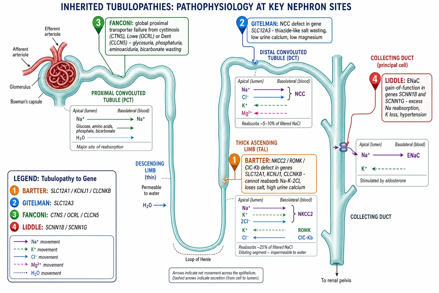 Mechanism diagram of inherited tubulopathy pathophysiology. A nephron is drawn in teal with four numbered coloured pins at the sites of the defects. Pin 1 amber at the thick ascending limb labels Bartter as an NKCC2 ROMK ClC-Kb defect in SLC12A1 KCNJ1 CLCNKB that cannot reabsorb Na-K-2Cl and loses salt with high urine calcium. Pin 2 blue at the distal convoluted tubule labels Gitelman as an NCC defect in SLC12A3 with thiazide-like salt wasting, low urine calcium and low magnesium. Pin 3 green at the proximal convoluted tubule labels Fanconi as global transporter failure from cystinosis CTNS, Lowe OCRL or Dent CLCN5 with glycosuria, phosphaturia, aminoaciduria and bicarbonate wasting. Pin 4 red at the collecting duct labels Liddle as ENaC gain-of-function in SCNN1B and SCNN1G with excess sodium reabsorption, potassium loss and hypertension. A legend maps each number to its gene.