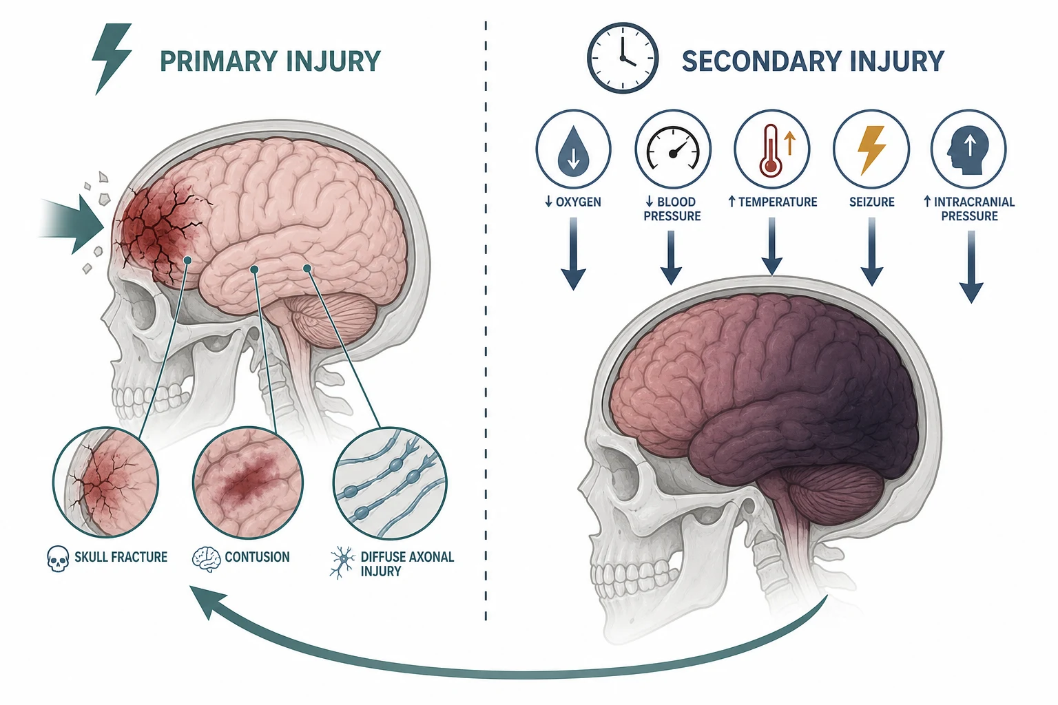 Reviewed educational schematic contrasting primary brain injury (the irreversible mechanical damage at impact shown as fracture, contusion and diffuse axonal injury) with secondary brain injury (the preventable cascade driven by low oxygen, low blood pressure, raised temperature, seizure and raised intracranial pressure) connected by a timeline arrow