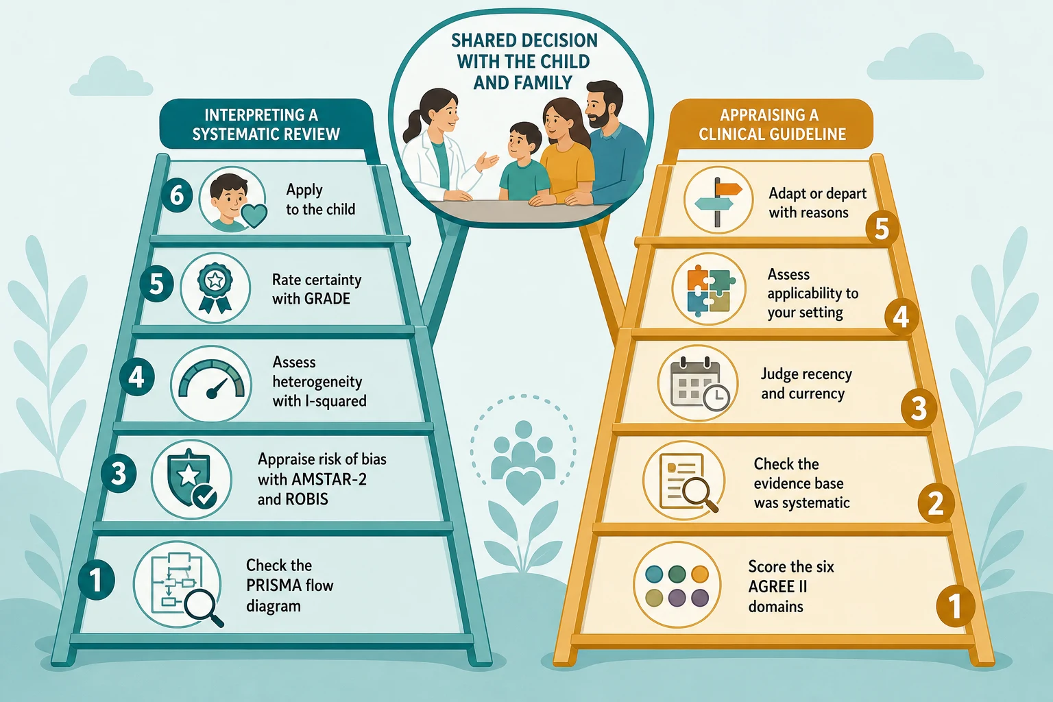 Two connected stepwise ladders showing how to interpret a systematic review and how to appraise a clinical guideline, joining at a shared decision node with a family