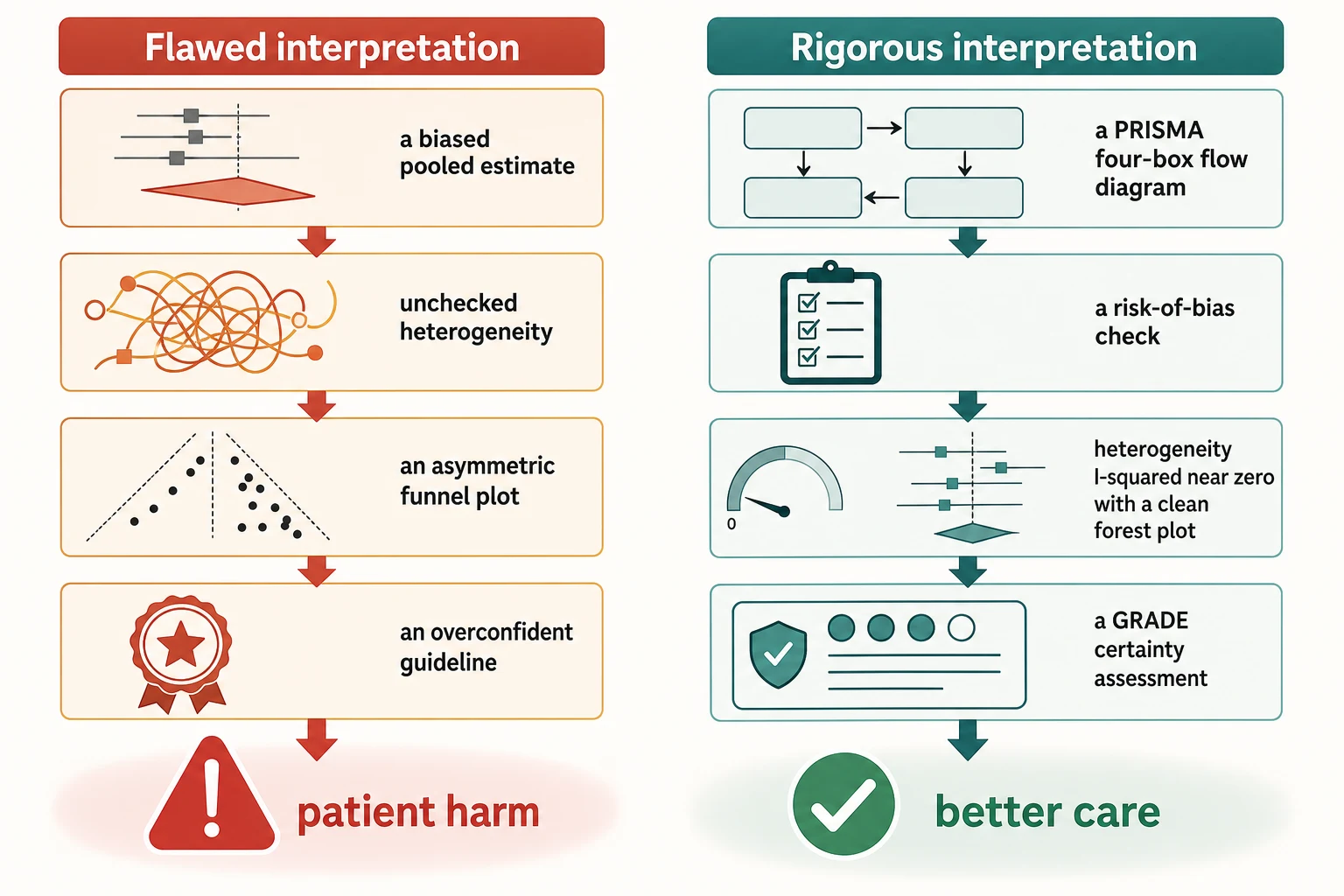 Two parallel cascades contrasting a flawed interpretation pathway leading to patient harm with a rigorous interpretation pathway leading to better care