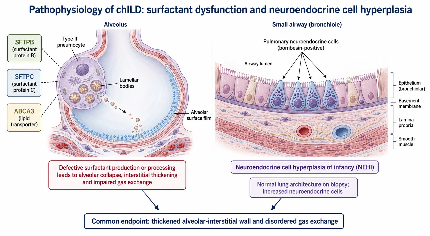 Pathophysiology of chILD: on the left a type II alveolar pneumocyte packaging surfactant into lamellar bodies for secretion onto the alveolar surface film, with the genes SFTPB, SFTPC and ABCA3 that cause surfactant dysfunction when mutated, leading to alveolar collapse and interstitial thickening; on the right a bronchiole showing increased bombesin-positive pulmonary neuroendocrine cells in neuroendocrine cell hyperplasia of infancy with otherwise normal lung architecture