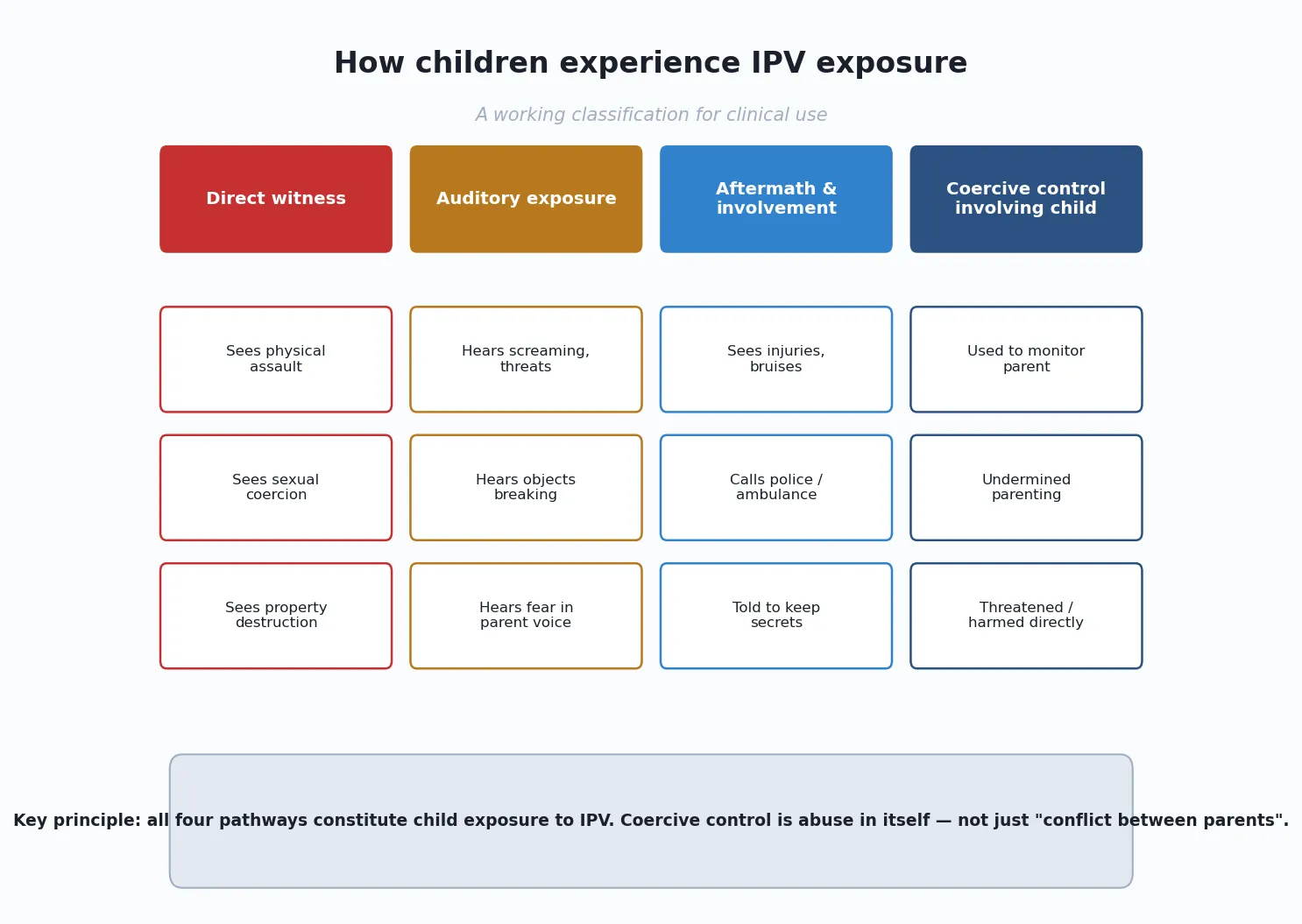 Four-column working classification of child IPV exposure: direct witness, auditory exposure, aftermath involvement, and coercive control involving the child, with the key principle that all pathways constitute child exposure