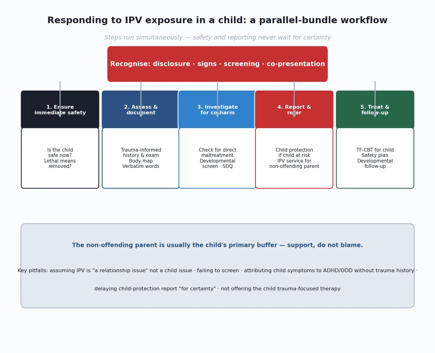 Top-down parallel-bundle workflow: recognise, then five simultaneous steps (ensure immediate safety, assess and document, investigate for co-harm, report and refer, treat and follow-up), with a footer emphasising that the non-offending parent is the child's primary buffer and must be supported not blamed