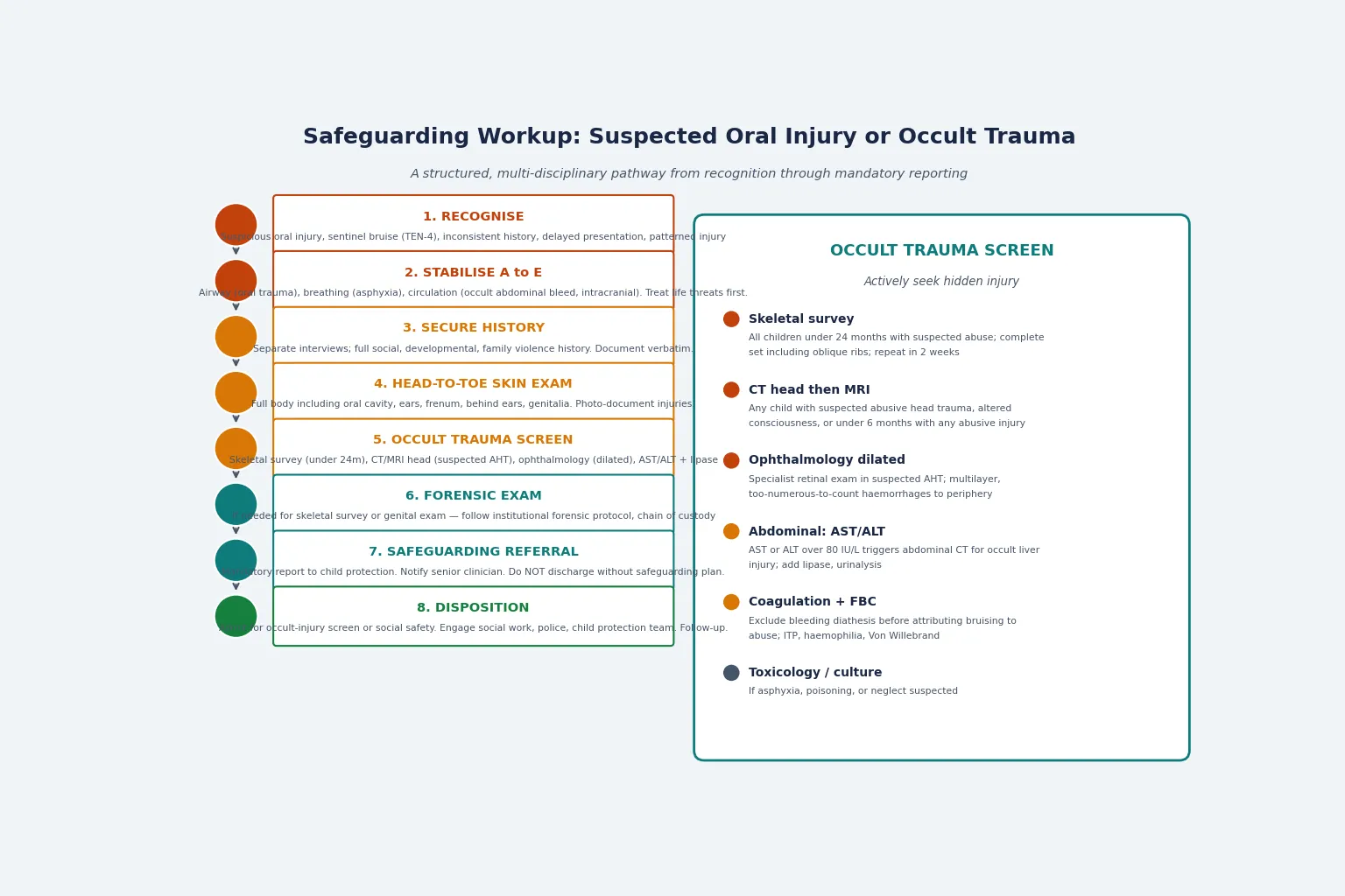 Educational safeguarding workup algorithm with an eight-step ladder on the left (recognise, stabilise A to E, secure history, head-to-toe skin exam, occult trauma screen, forensic exam, safeguarding referral, disposition) and a detailed occult trauma screen panel on the right listing skeletal survey, CT head then MRI, dilated ophthalmology, abdominal transaminases above threshold triggering CT, coagulation and FBC, toxicology