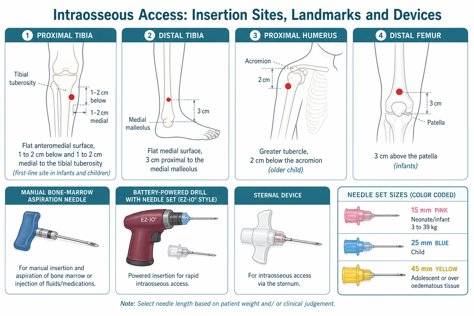Educational schematic of paediatric intraosseous insertion sites and landmarks (proximal tibia, distal tibia, proximal humerus, distal femur), the three device types (manual trocar, battery-powered drill, sternal device), and the EZ-IO colour-coded needle-set sizes (15 mm pink, 25 mm blue, 45 mm yellow)