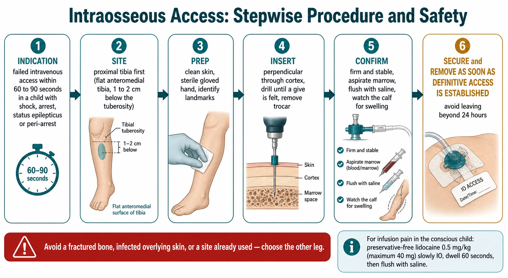 Educational stepwise algorithm for paediatric intraosseous access with six numbered steps (indication, site, prep, insert, confirm, secure and remove), a safety ribbon listing contraindicated situations, and a note on the preservative-free lidocaine 0.5 mg per kg dose for infusion pain