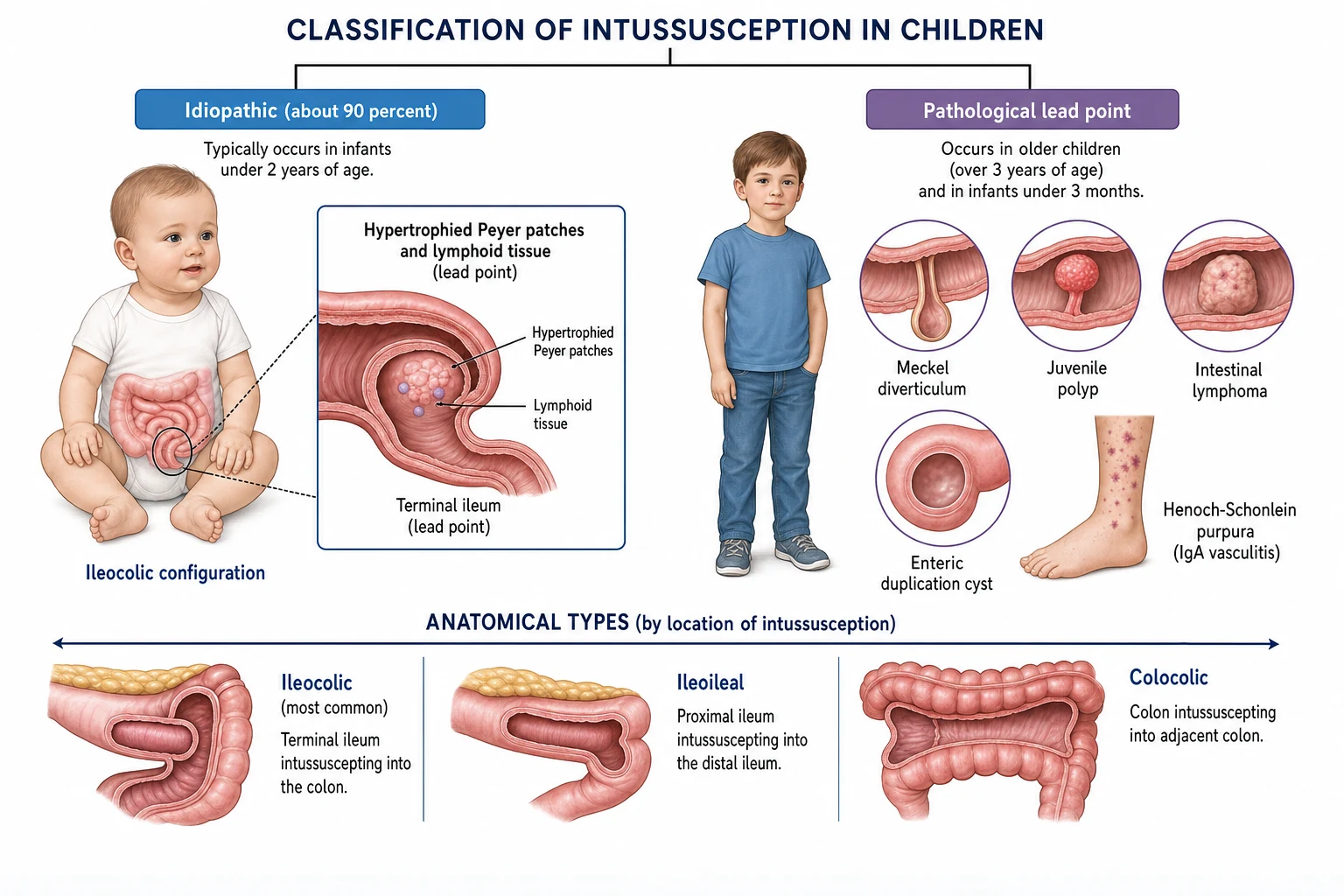 Classification chart of intussusception in children with two branches. The left branch labelled idiopathic about ninety percent shows a young infant under two years with an inset cross-section of the terminal ileum containing hypertrophied Peyer patches and lymphoid tissue as the lead point in an ileocolic configuration. The right branch labelled pathological lead point shows an older child over three years and infants under three months with labelled icons of a Meckel diverticulum, a juvenile polyp, an intestinal lymphoma, an enteric duplication cyst and purpura for Henoch-Schonlein purpura. A bottom axis labels the anatomical types ileocolic as most common, ileoileal and colocolic.