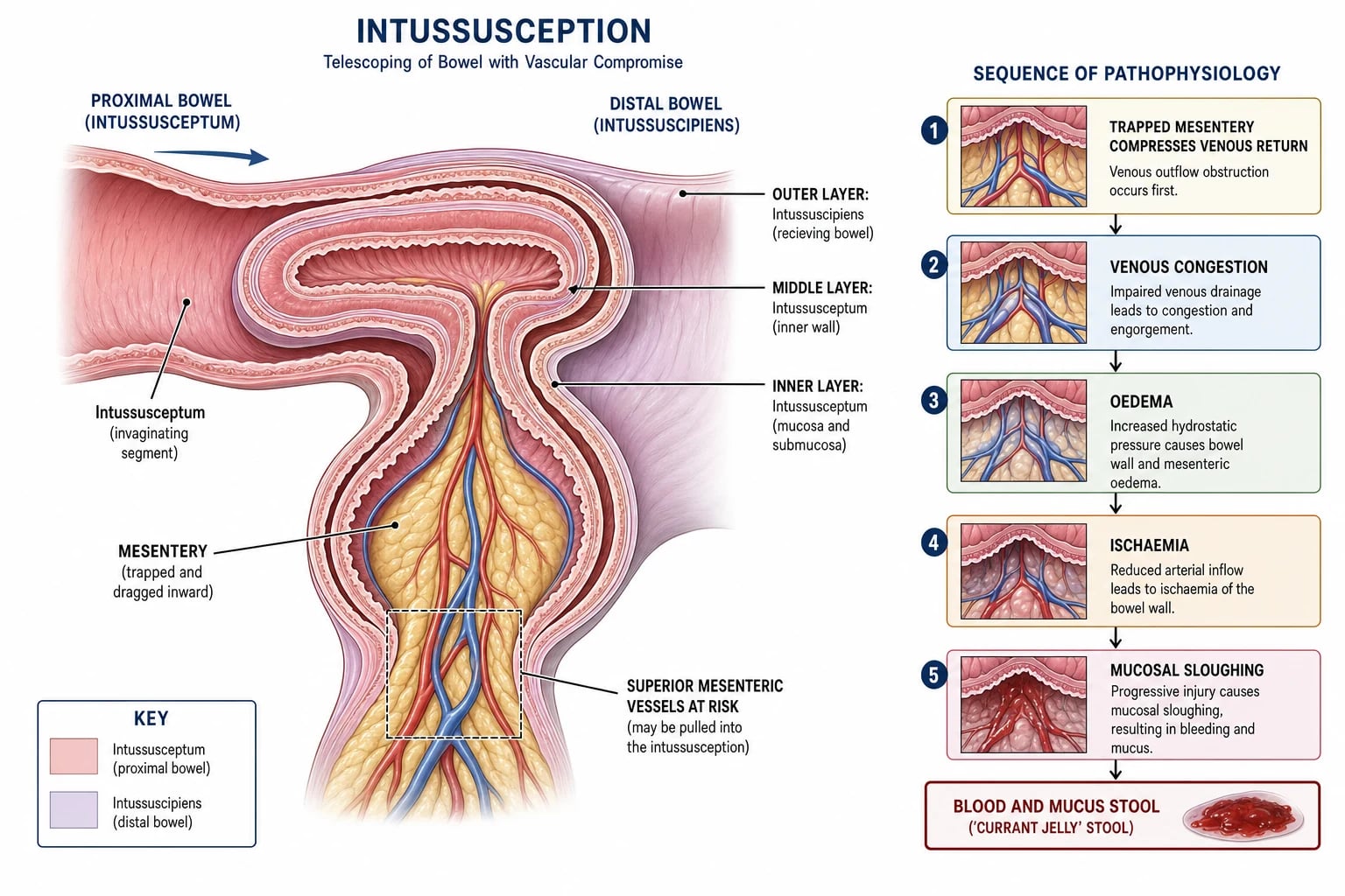 Cross-section diagram of the telescoping bowel mechanism. The proximal bowel or intussusceptum invaginates into the distal receiving bowel or intussuscipiens forming concentric wall layers, with the mesentery and its vessels dragged inward. Arrows show trapped mesentery compressing venous return leading to venous congestion, then oedema, then ischaemia, then mucosal sloughing producing blood and mucus stool.