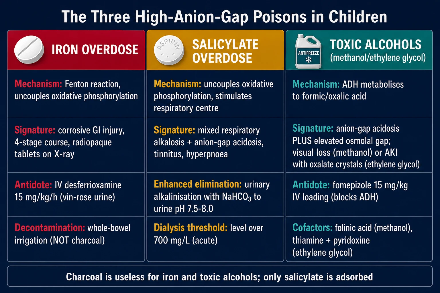 Reviewed educational schematic with three columns on a deep navy background comparing iron, salicylate and the toxic alcohols: each column lists mechanism, clinical signature, antidote and decontamination, with a footer noting that charcoal adsorbs only salicylate