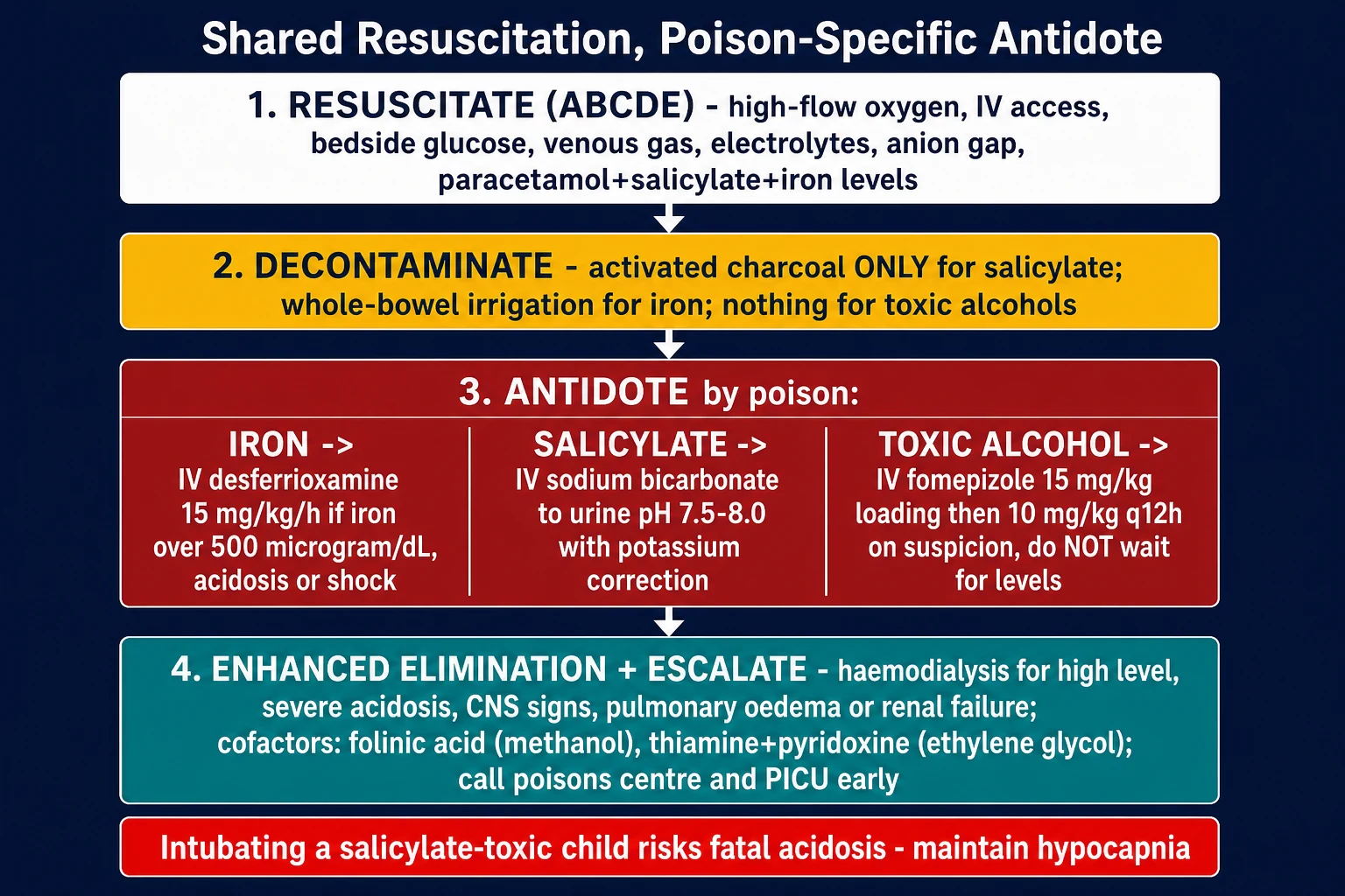 Reviewed educational schematic of the shared four-step management ladder on a deep navy background: resuscitate, decontaminate by poison, give the poison-specific weight-based antidote (desferrioxamine for iron, urinary alkalinisation for salicylate, fomepizole for toxic alcohols), and enhance elimination with haemodialysis and cofactors, with a warning strip about salicylate intubation