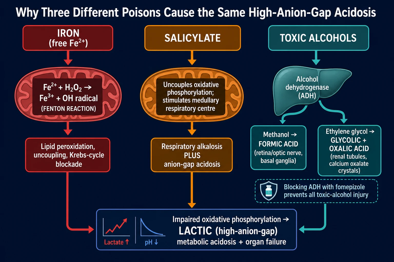 Reviewed educational schematic on a deep navy background showing three upstream branches converging on impaired oxidative phosphorylation and the high-anion-gap metabolic acidosis: iron via the Fenton reaction, salicylate via direct uncoupling and respiratory-centre stimulation, and the toxic alcohols via alcohol-dehydrogenase-generated formic and oxalic acid