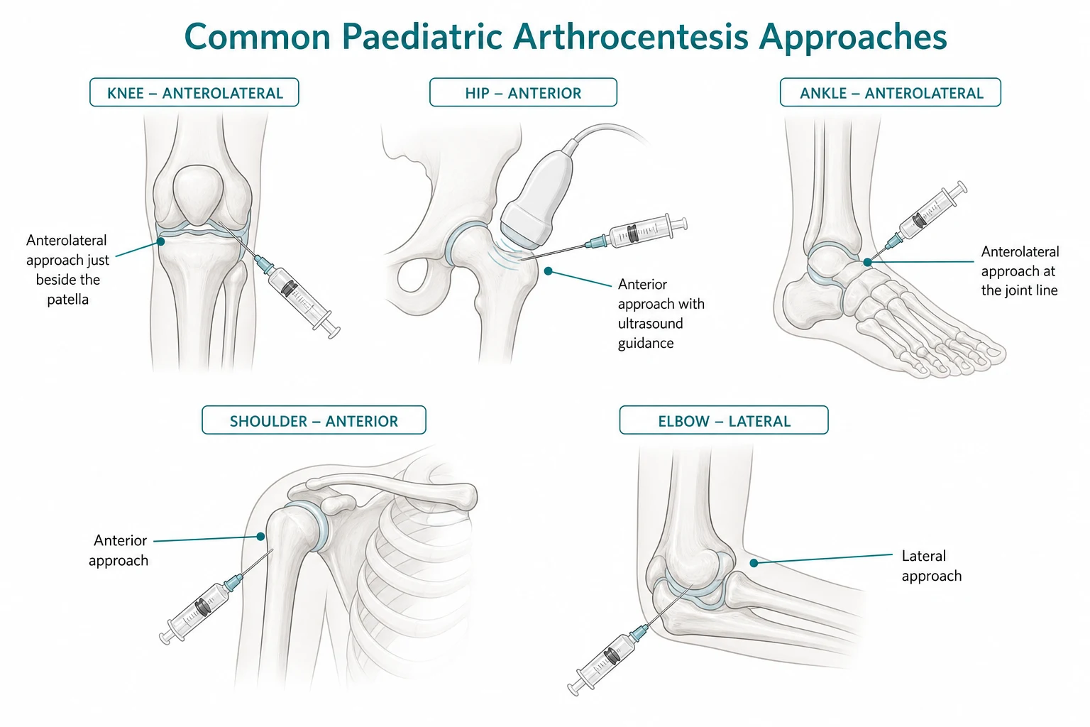 Educational schematic of the common paediatric arthrocentesis approaches: knee approached anterolateral to the patella, hip approached anteriorly under ultrasound, ankle approached anterolaterally, shoulder anteriorly and elbow laterally, with thin leader lines labelling each