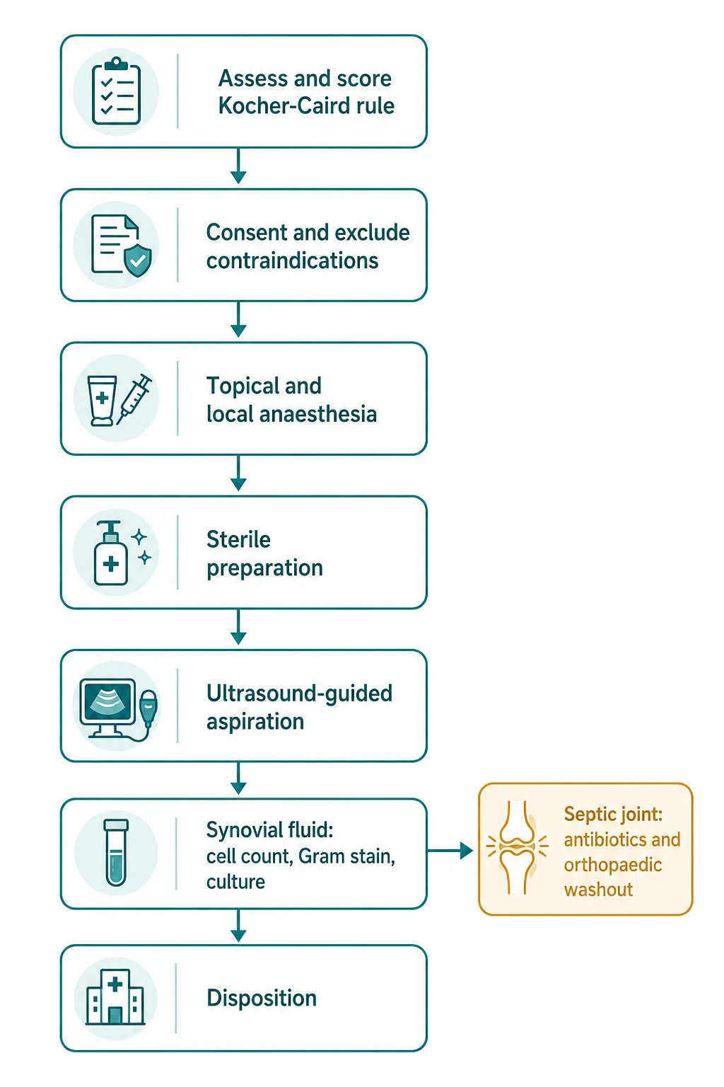 Procedural flowchart of the paediatric joint aspiration pathway from assessment and the Kocher criteria check through consent, analgesia, sterile preparation, ultrasound-guided aspiration, synovial fluid analysis and disposition
