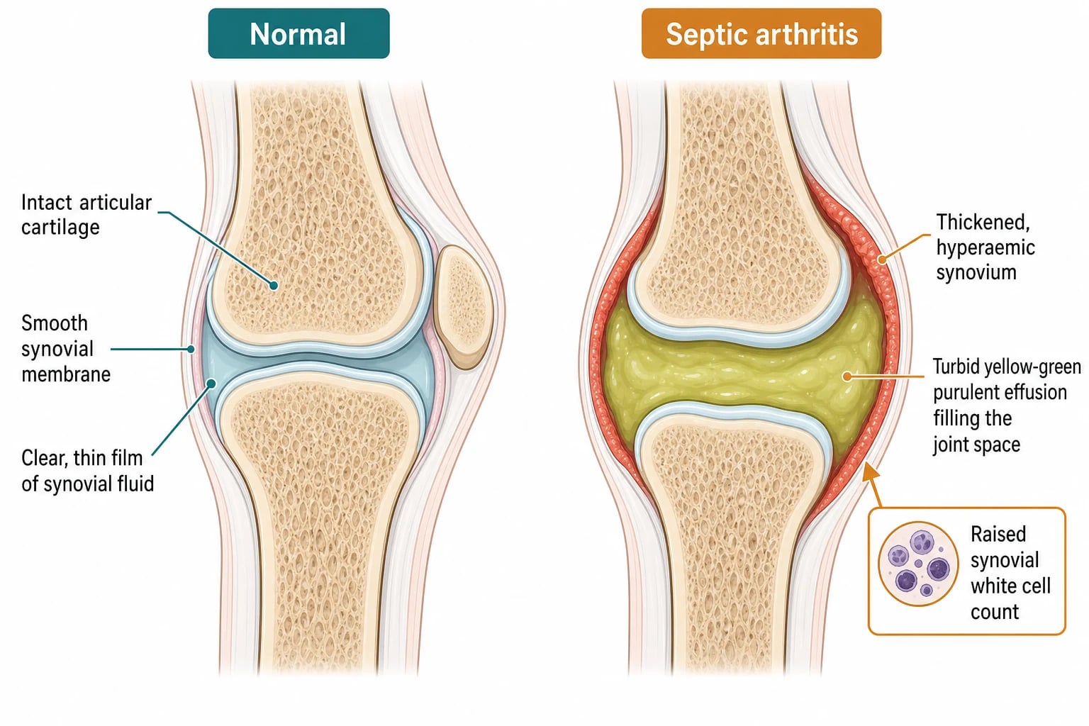 Educational schematic cross-section of a child's knee comparing a normal joint capsule with a septic joint showing a turbid purulent effusion, a thickened hyperaemic synovium and a raised synovial white cell count, labelled Normal and Septic arthritis