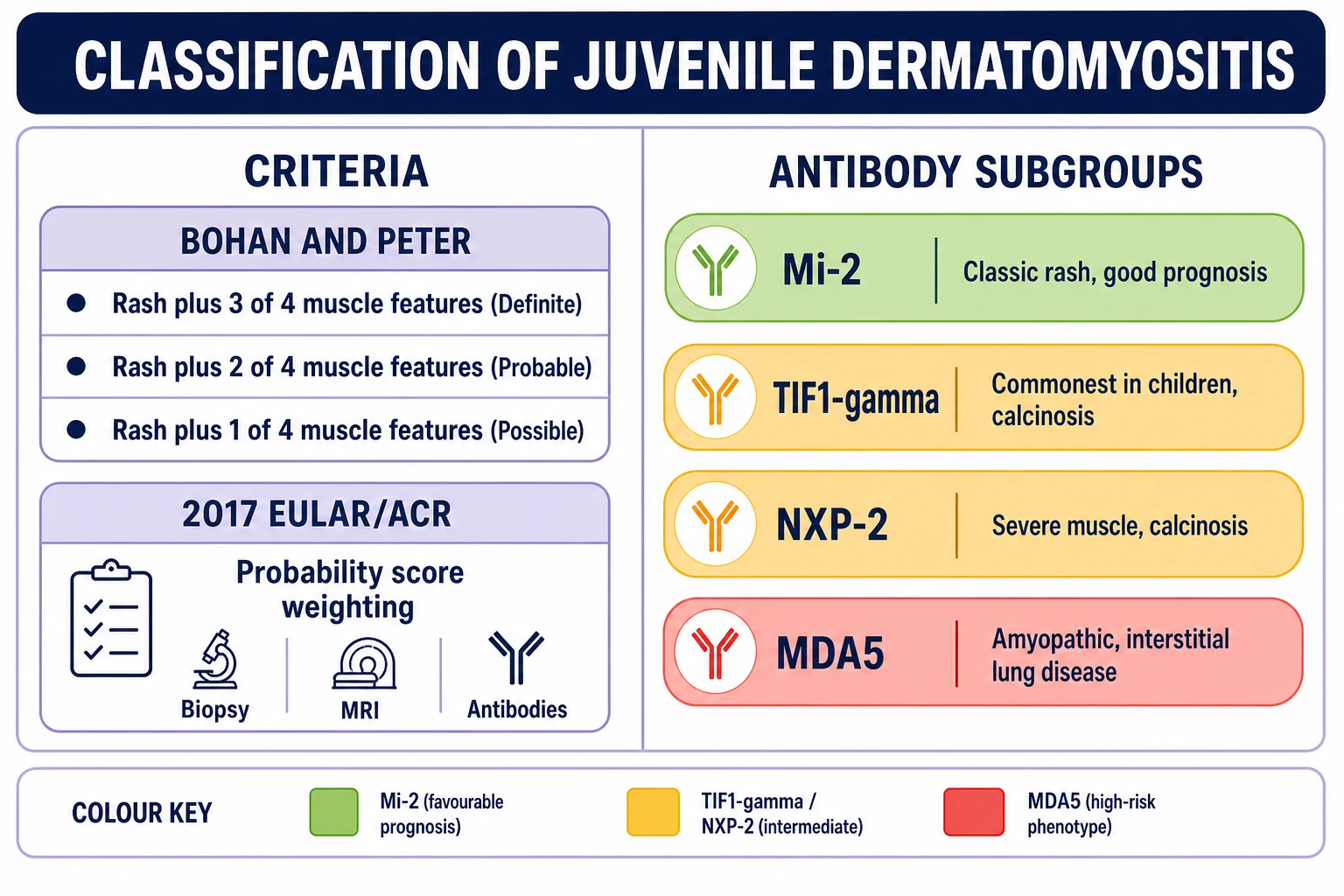 Educational schematic classifying juvenile dermatomyositis by the Bohan and Peter and 2017 EULAR and ACR diagnostic criteria and by myositis-specific antibody subgroups, showing anti-Mi-2, anti-TIF1-gamma, anti-NXP-2 and anti-MDA5 with their characteristic clinical phenotypes and prognoses