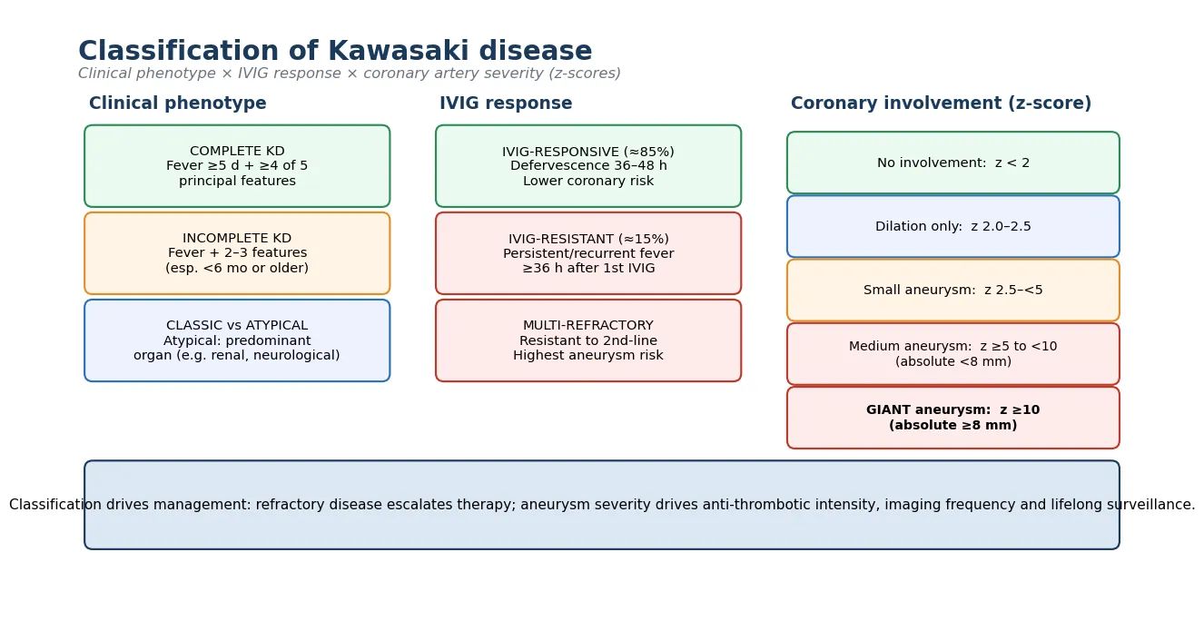 Educational schematic classifying Kawasaki disease by clinical phenotype (complete versus incomplete versus atypical), by IVIG response (responsive, resistant, multi-refractory), and by coronary artery aneurysm severity using z-score thresholds from no involvement through dilation and small, medium and giant aneurysm