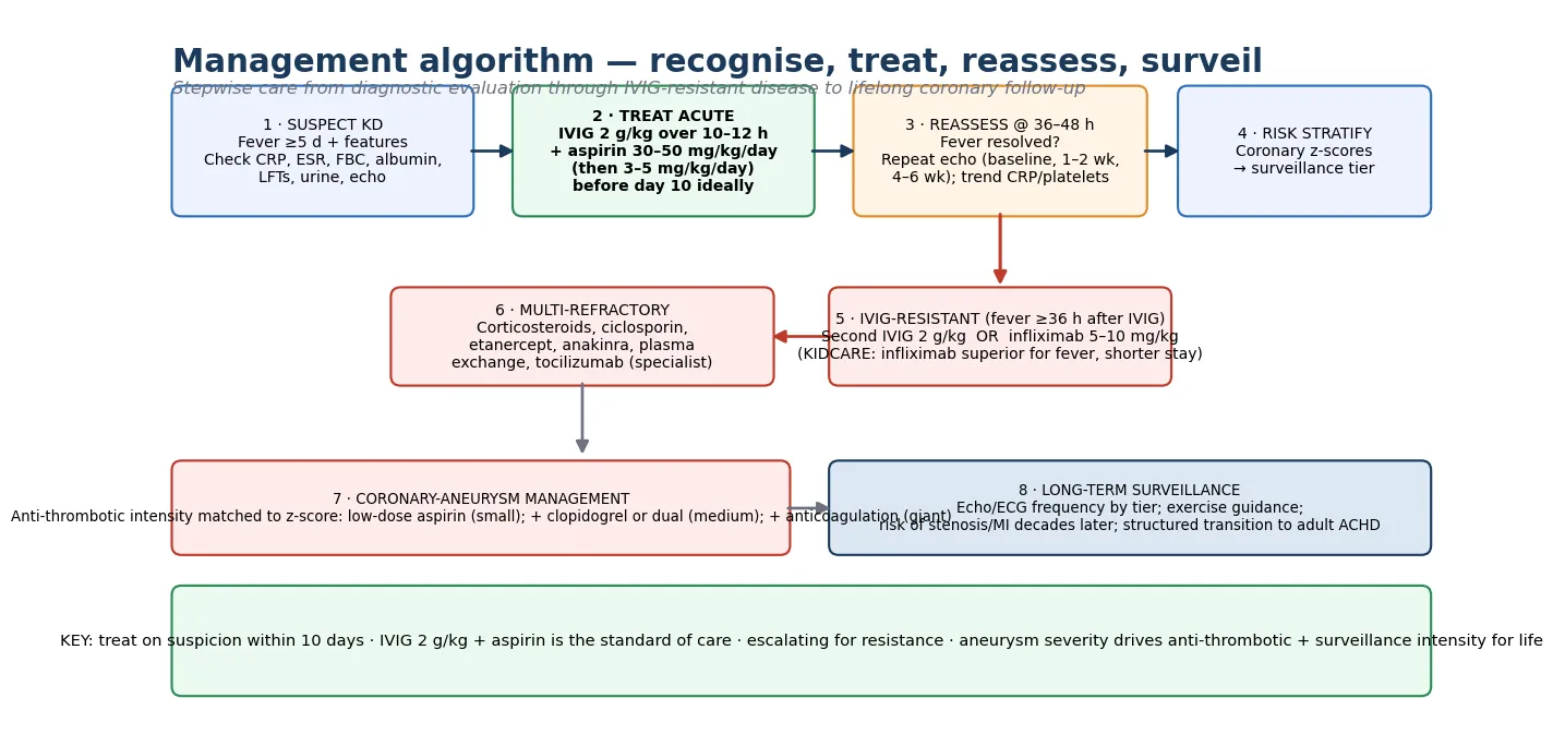 Educational management algorithm for Kawasaki disease from suspecting the diagnosis through acute treatment with IVIG and aspirin, reassessment at 36 to 48 hours, escalation for IVIG-resistant disease with second IVIG or infliximab, coronary aneurysm anti-thrombotic management, and lifelong surveillance
