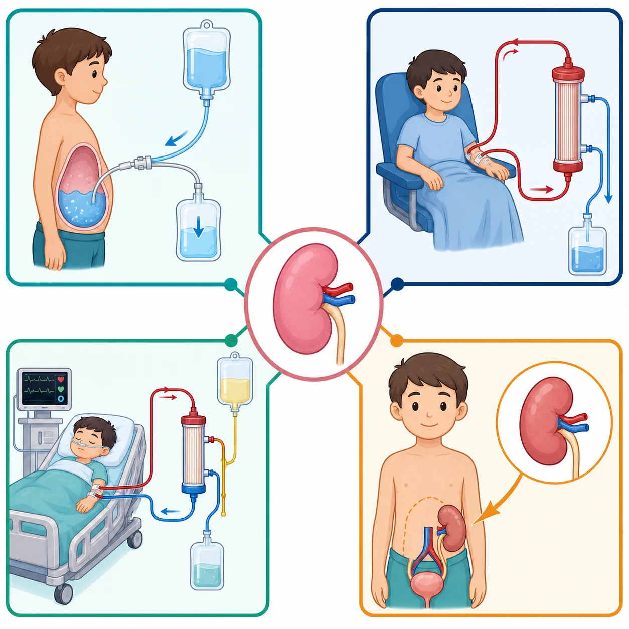 Classification diagram showing kidney replacement therapy branching into four modalities: peritoneal dialysis drawn as dialysate filling and draining the peritoneal cavity through a Tenckhoff catheter, haemodialysis drawn as blood flowing through a dialyser with a semipermeable membrane, continuous renal replacement therapy drawn as a slow continuous circuit with a haemofilter at a paediatric intensive care bedside, and kidney transplant drawn as a donor kidney placed in the iliac fossa with a ureter connected to the bladder.