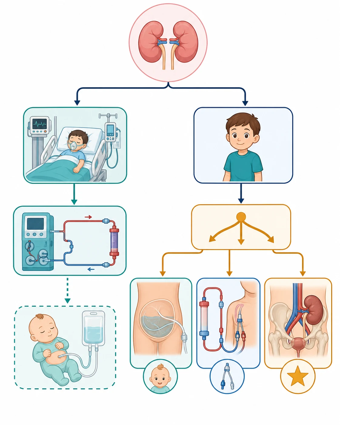 Management flowchart starting from a child with kidney failure, splitting into acute kidney injury leading to continuous renal replacement therapy for the unstable child or acute peritoneal dialysis for infants and resource-limited settings, and end-stage kidney disease leading to a modality choice between peritoneal dialysis preferred in infants, haemodialysis in older children, and kidney transplant as the goal.