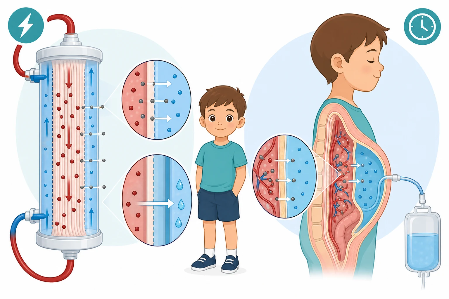 Pathophysiology diagram of dialysis: on the left a haemodialyser with hollow fibres where blood flows in one direction and dialysate flows counter-current, with waste particles diffusing across the semipermeable membrane and water crossing by ultrafiltration; on the right peritoneal dialysis where dialysate sits in the peritoneal cavity and waste diffuses across the peritoneal membrane from capillary blood into the fluid.
