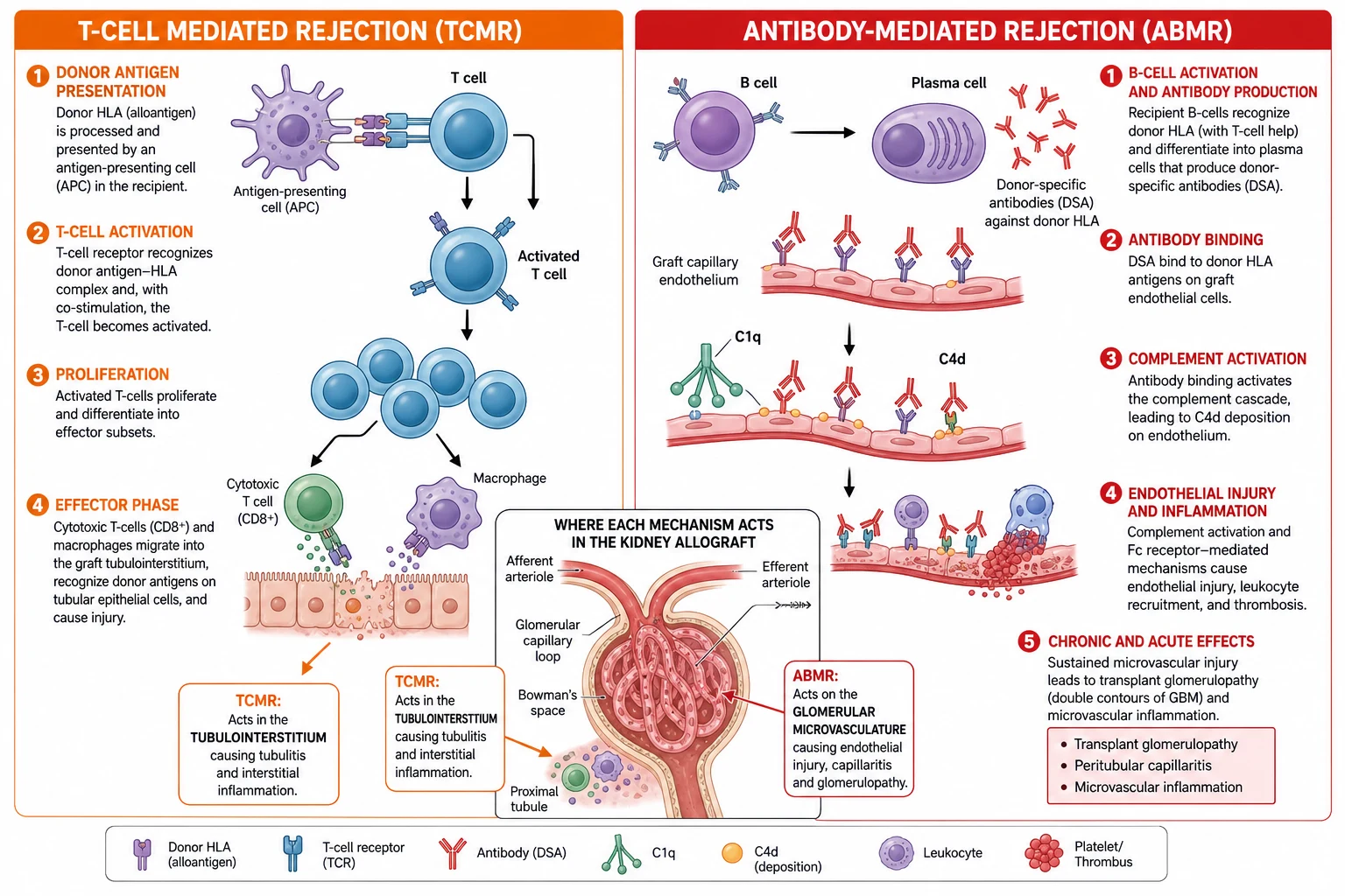 Pathophysiology diagram showing two rejection pathways side by side. Left, T-cell mediated rejection in orange: an antigen-presenting cell presents donor alloantigen to recipient T-cells, which activate with co-stimulation, proliferate into cytotoxic T-cells and macrophages that invade the graft tubulointerstitium causing tubulitis. Right, antibody-mediated rejection in red: B-cells mature into plasma cells producing donor-specific antibodies against donor HLA, which bind graft endothelium, activate complement with C4d deposition, and cause microvascular inflammation and transplant glomerulopathy.