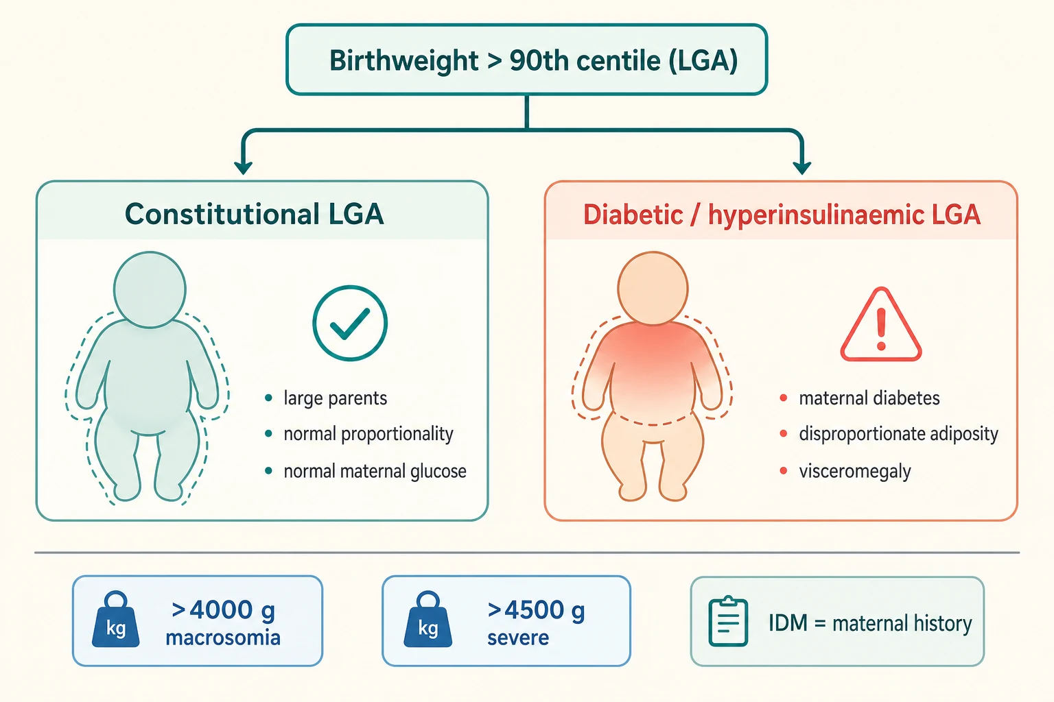 Classification of the large-for-gestational-age infant: constitutional LGA versus diabetic or hyperinsulinaemic LGA, with macrosomia weight thresholds and the IDM maternal-history definition