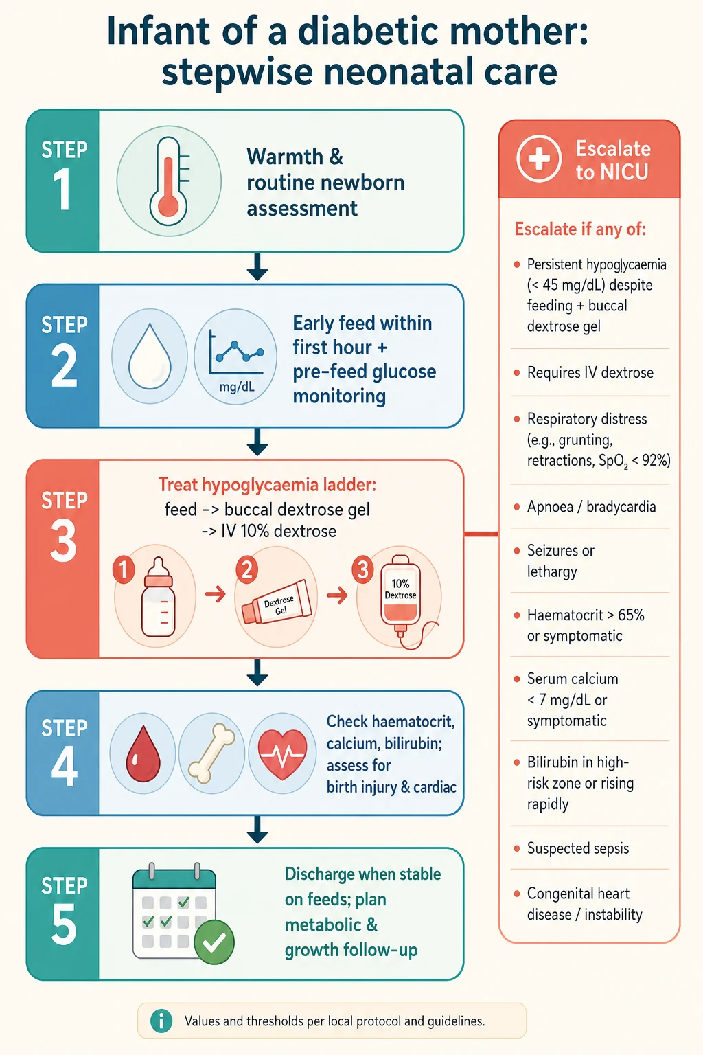 Stepwise management pathway for the infant of a diabetic mother from delivery-room assessment through hypoglycaemia prevention, complication screening and long-term metabolic follow-up