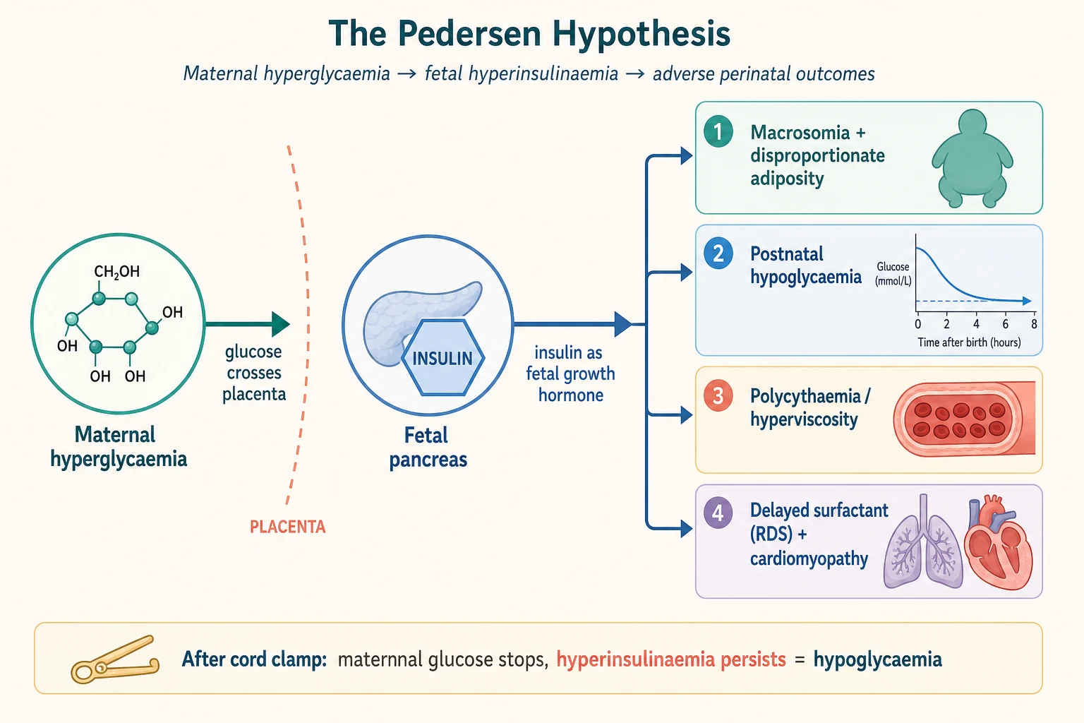 Pedersen hypothesis pathophysiology: maternal hyperglycaemia crosses the placenta, drives fetal hyperinsulinaemia, producing macrosomia and the neonatal complications of hypoglycaemia, polycythaemia, respiratory distress syndrome and cardiomyopathy
