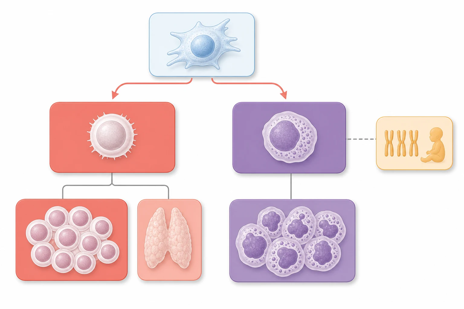 A clean schematic on a white background showing the classification tree of childhood leukaemia. At the top a single pale blue bone marrow stem cell icon. Two coral arrows descend to two parent boxes side by side. The left coral-red box represents the lymphoid lineage with a white lymphocyte icon and hangs two child boxes beneath it: a larger coral box with a cluster of uniform blast cells representing B-cell precursor leukaemia and a smaller salmon box with a thymus silhouette representing T-cell leukaemia. The right violet box represents the myeloid lineage with a myeloblast icon and hangs one violet child box with larger irregular granular blasts. A separate small amber box with three chromosome icons and a baby silhouette sits to one side linked by a dashed line to the myeloid box, representing Down syndrome myeloid leukaemia. No text appears in the figure.