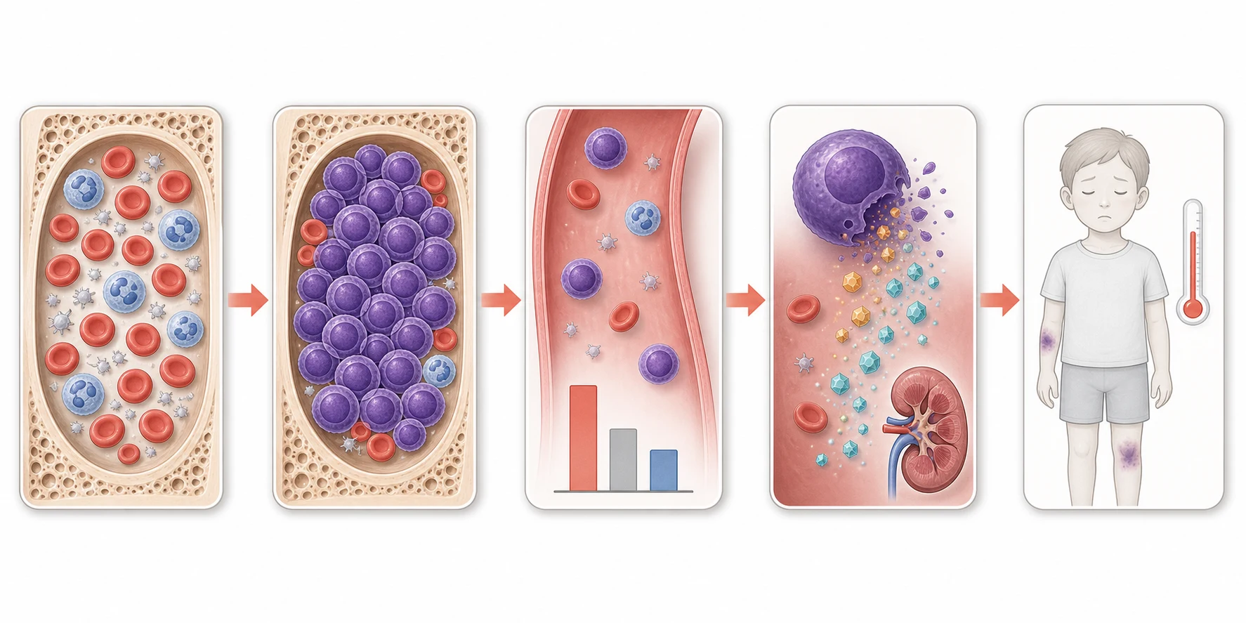 A clean scientific schematic on a white background flowing left to right in five connected boxes joined by coral arrows. The first box shows a healthy bone marrow cavity with balanced coral red cells, pale grey platelets and pale blue white cells. The second shows the same cavity crowded by sheets of identical deep violet blast cells squeezing out the healthy cells. The third shows the bloodstream with fewer healthy cells, scattered deep violet blasts, and three descending bars representing the falling red cells, platelets and neutrophils. The fourth shows a tumour cell breaking open and releasing glowing crystal particles in amber and teal with a small kidney icon, representing tumour lysis. The fifth shows a pale stylised child silhouette with bruise patches and a thermometer icon representing fever. No text appears in the figure.