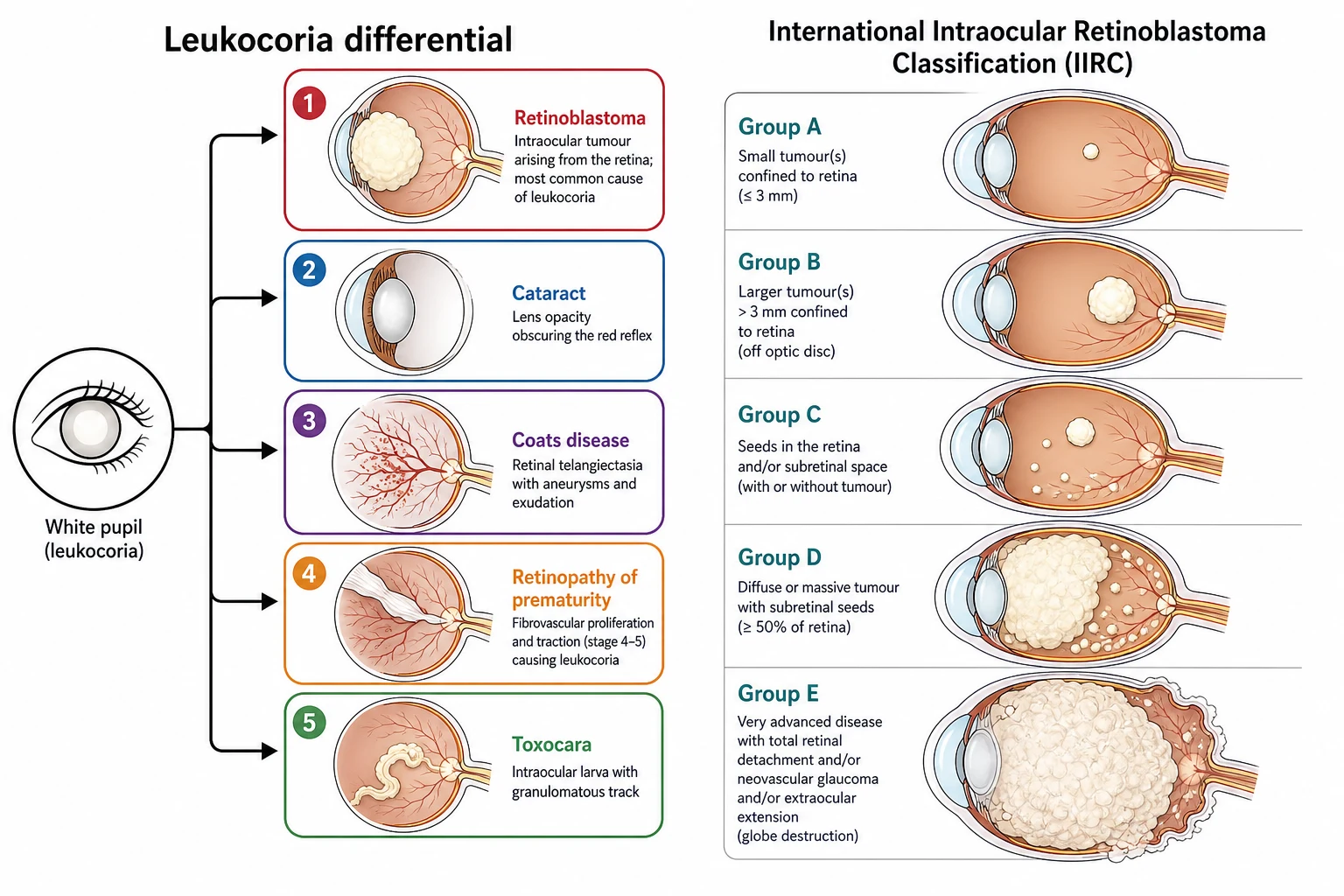 A clean schematic on a white background in landscape showing two classification panels. The left panel is a horizontal branching tree of the differential diagnosis of leukocoria, branching from a central white-pupil symbol into five colour-coded leaves: the cream-white retinoblastoma mass in red, the lens-opacity cataract in blue, the telangiectatic Coats disease in purple, the fibrotic retinopathy of prematurity in orange, and the worm-track toxocariasis in green. The right panel shows the International Intraocular Retinoblastoma Classification as five horizontal eye cross-sections stacked vertically labelled group A through group E, each showing an increasing tumour size from the small dot confined to the retina in group A through the diffuse seeds in group D to the massive globe-filling tumour with destruction in group E