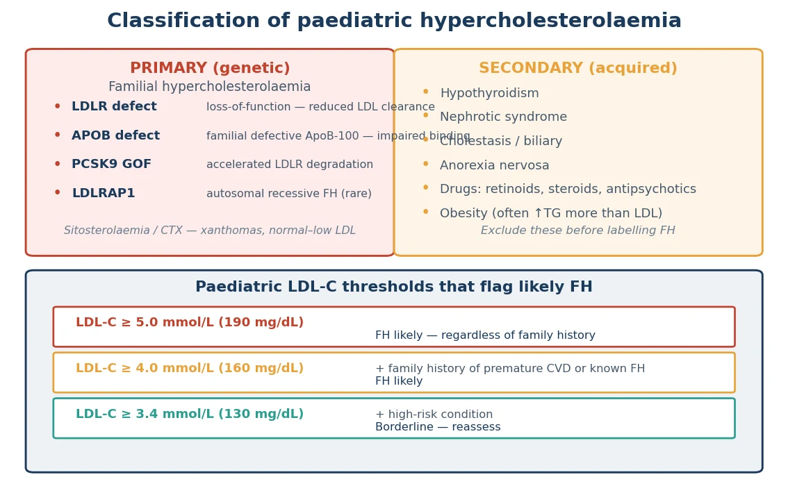 Classification of paediatric hypercholesterolaemia into primary genetic causes (LDLR, APOB, PCSK9, LDLRAP1, and mimics such as sitosterolaemia) and secondary acquired causes (hypothyroidism, nephrotic syndrome, cholestasis, anorexia, drugs), with a table of paediatric LDL-C thresholds that flag likely FH.