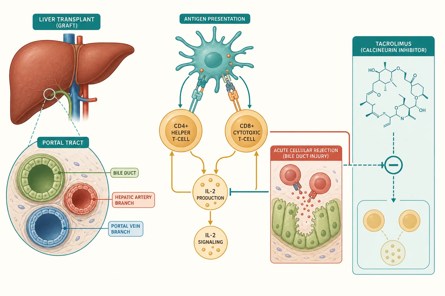 Schematic of the T-cell activation cascade in acute cellular rejection of a liver graft, showing antigen presentation to CD4 helper and CD8 cytotoxic T-cells, interleukin-2 production and signalling driving bile duct injury, and tacrolimus blocking calcineurin to prevent interleukin-2 production.