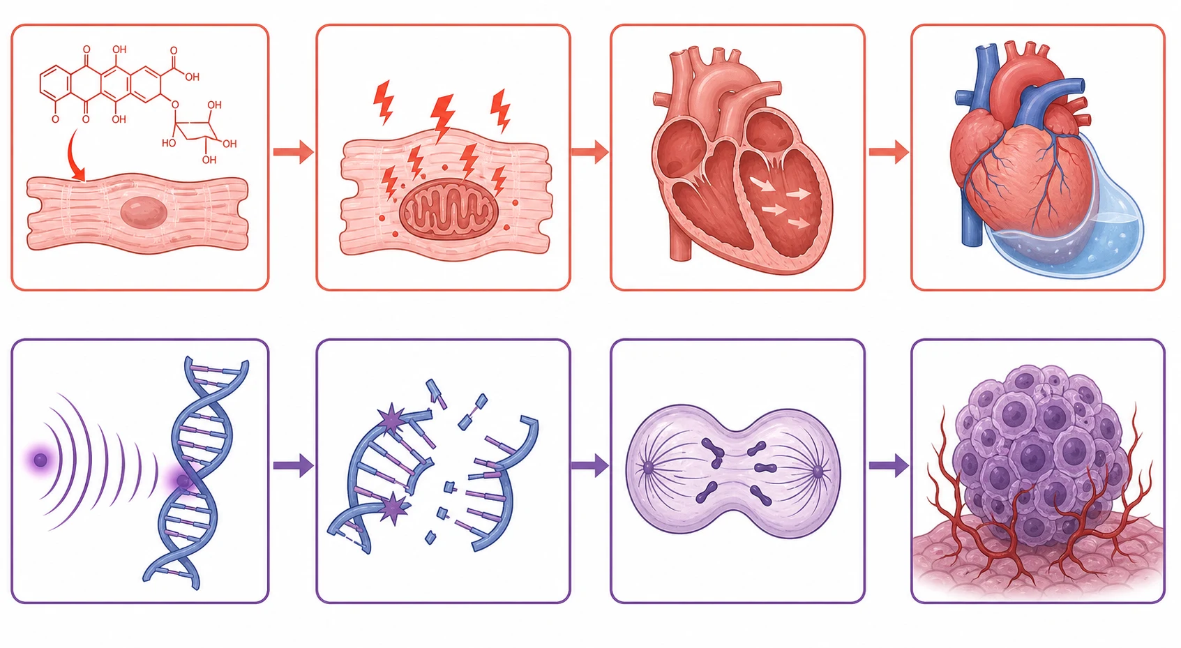 A clean scientific schematic on a white background flowing left to right in two parallel rows. The top row in coral shows the anthracycline cardiomyopathy pathway: an anthracycline molecule entering a cardiomyocyte cell, then reactive oxygen species icons damaging the mitochondrion inside the cell, then a weakened heart muscle icon with reduced pumping. The bottom row in purple shows the radiation injury pathway: a radiation wave hitting a DNA double helix, then a mutated cell dividing, then a tumour mass forming. Coral and purple arrows connect the steps. No text appears in the figure.