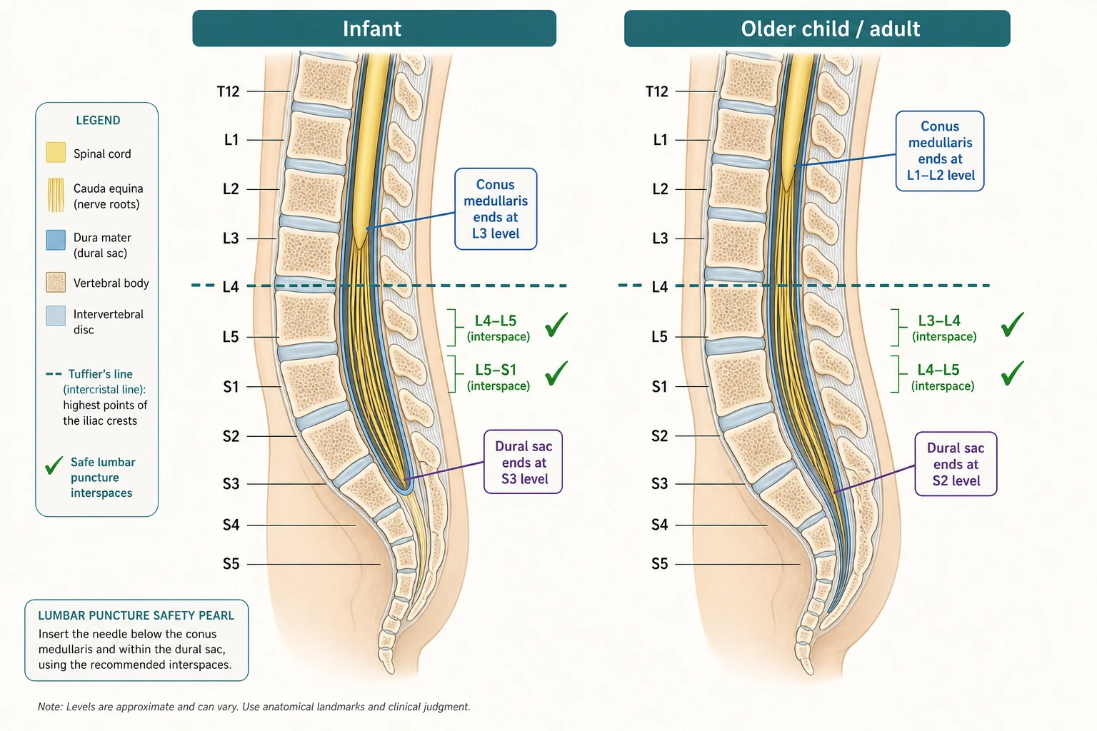 Annotated lateral cross-section of the paediatric spine contrasting the infant (conus at L3, dural sac to S3) and older child or adult (conus at L1-L2, dural sac to S2), with Tuffier's line crossing L4 and the safe lumbar puncture interspaces marked