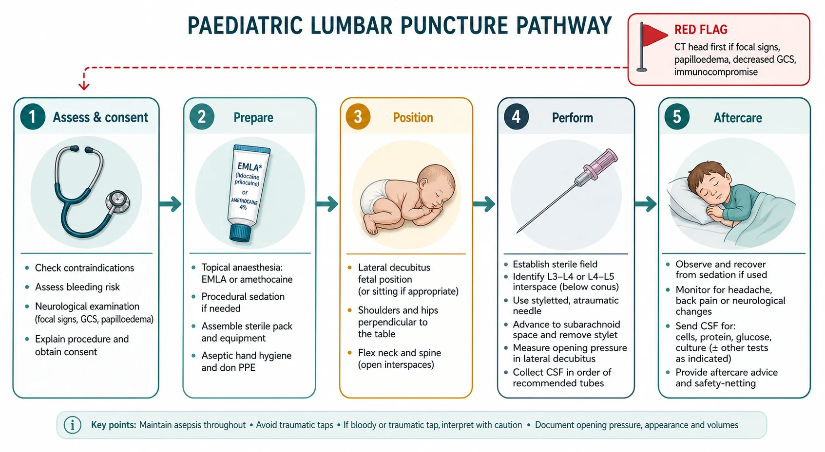 Procedural flowchart of the paediatric lumbar puncture pathway from assessment and consent through preparation, positioning, performance and aftercare, with an imaging-first red-flag callout