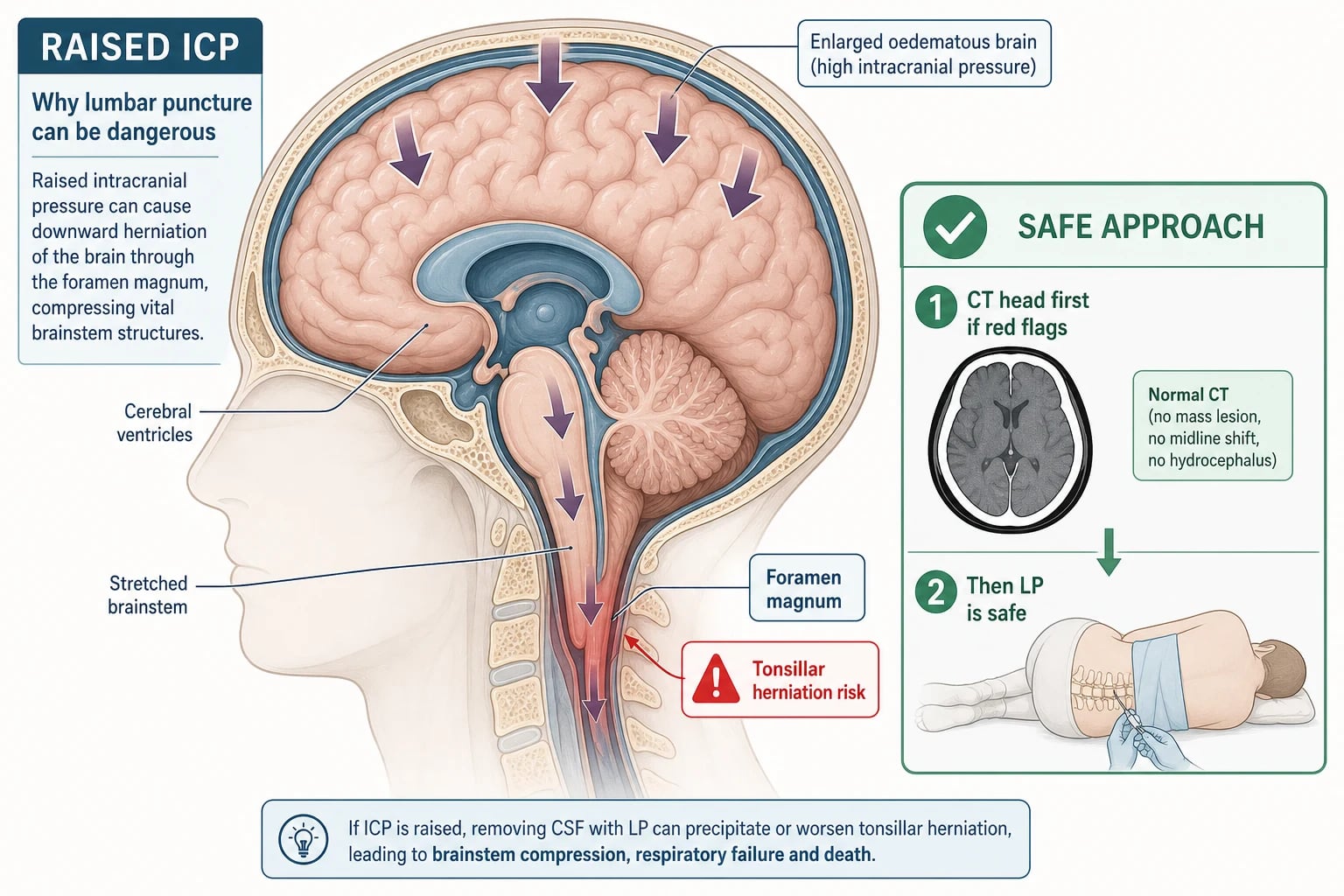 Educational schematic of the intracranial compartment in sagittal cross-section showing raised intracranial pressure and the downward herniation pathway through the foramen magnum, with a callout that CT first protects the child before LP