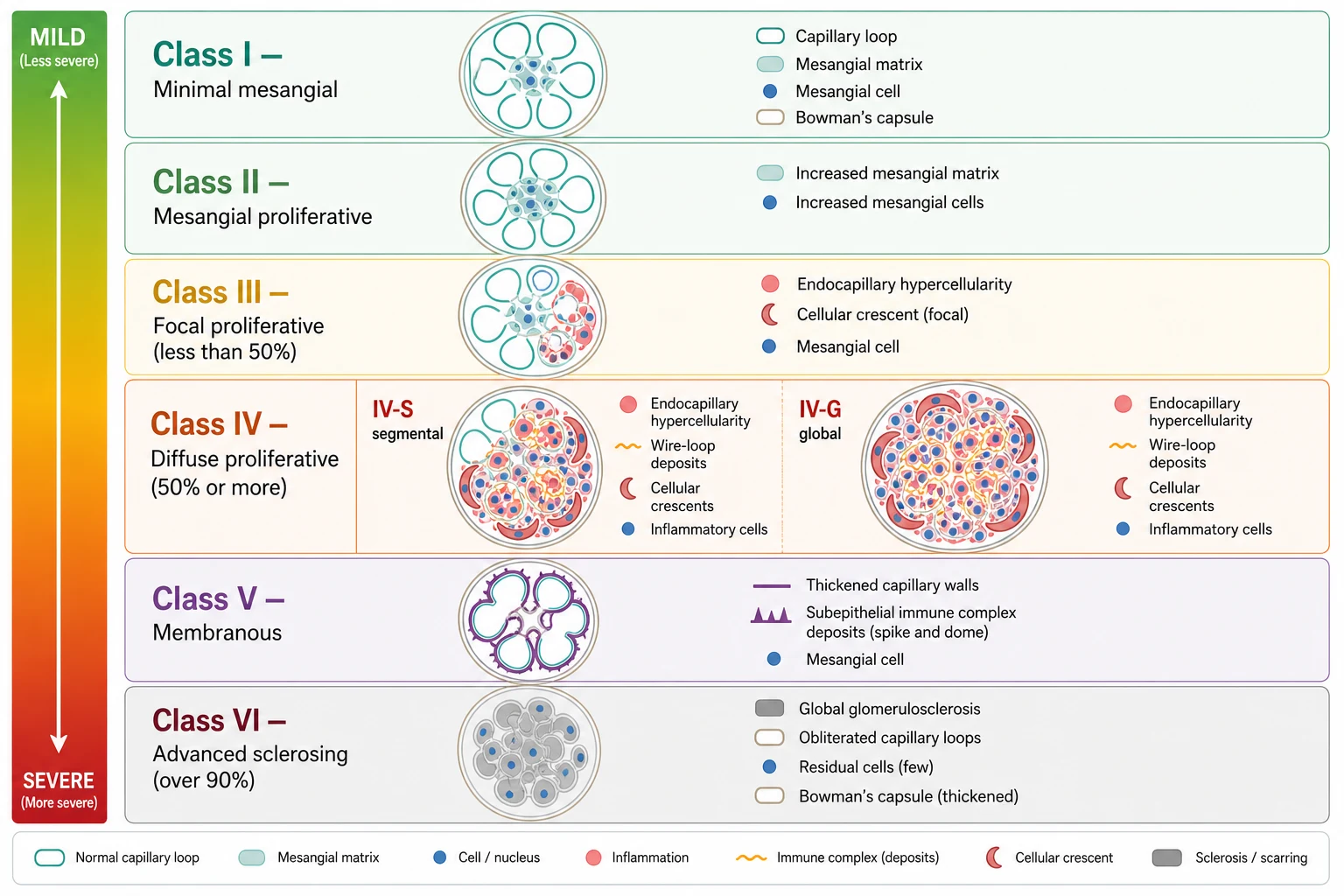 Six-panel diagram of the ISN/RPS 2003 lupus nephritis classification running from Class I minimal mesangial at the top through Class II mesangial proliferative, Class III focal proliferative (under 50 percent of glomeruli), Class IV diffuse proliferative (50 percent or more, subdivided into IV-S segmental and IV-G global with wire-loop deposits and cellular crescents), Class V membranous with subepithelial spike-and-dome deposits, to Class VI advanced sclerosing with over 90 percent global glomerulosclerosis, with a left-side severity bar from green to red.