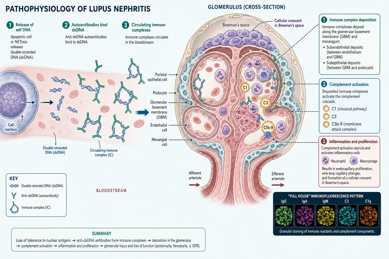 Pathophysiology of lupus nephritis: apoptotic cells release double-stranded DNA, anti-dsDNA autoantibodies bind to form circulating immune complexes, the complexes deposit along the glomerular basement membrane in subendothelial and subepithelial locations, complement activates through C1q, C3, and the C5b-9 membrane attack complex, recruiting neutrophils and macrophages that cause endocapillary proliferation, wire-loop capillary changes, and cellular crescents, with a full-house immunofluorescence pattern showing granular IgG, IgA, IgM, C3, and C1q.